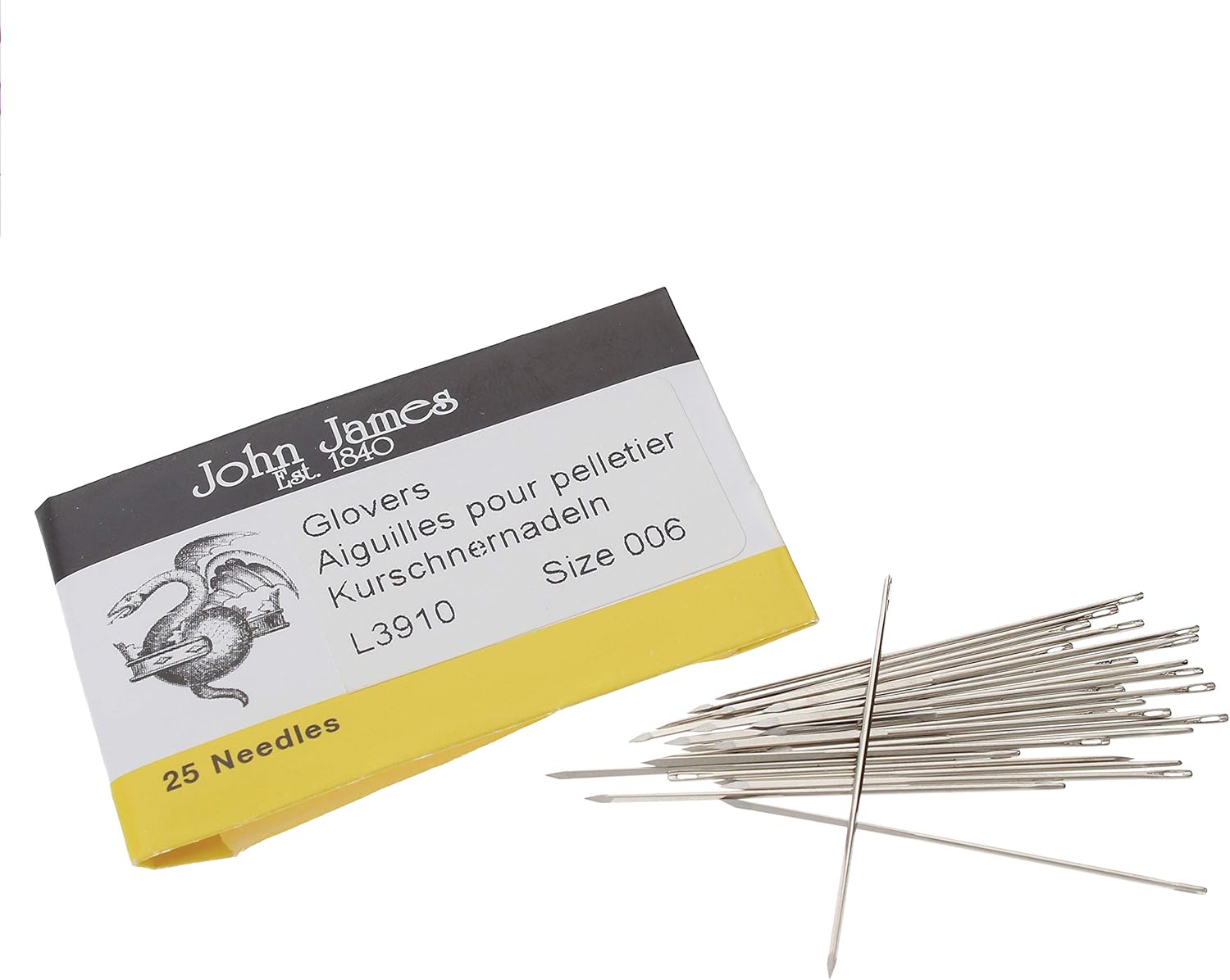 John James Glovers Needles, Size #6, 37mm in Length and 0.69mm in Diameter, Pack of 25, Triangular Point, Ideal to Pass Through Tougher Materials Such as Leather, Suede, Vinyl and Soft Plastics