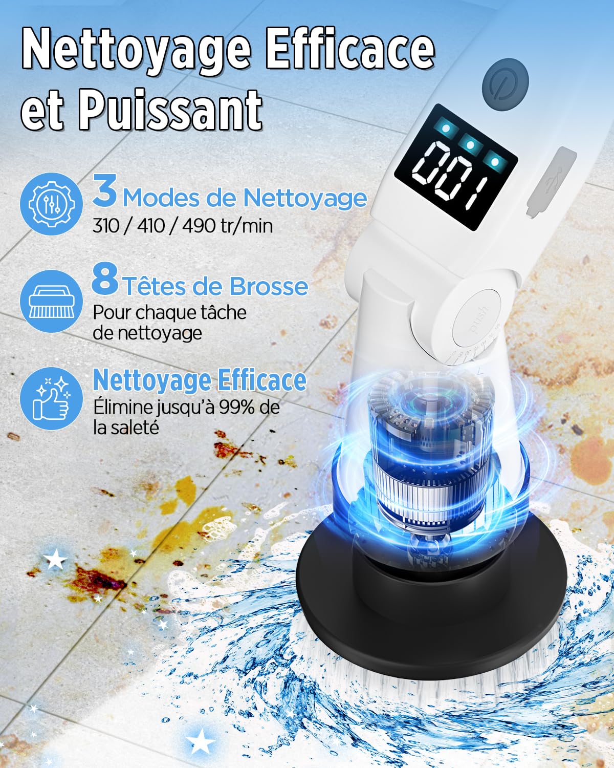 Lepwings Brosse de Nettoyage Électrique avec 8 Têtes Remplaçables, Brosse Rotative Puissante Rechargeable, 3 Vitesses, Manche Télescopique 35–135 cm, Étanche IP65 pour Salle de Bain, Cuisine, Voiture