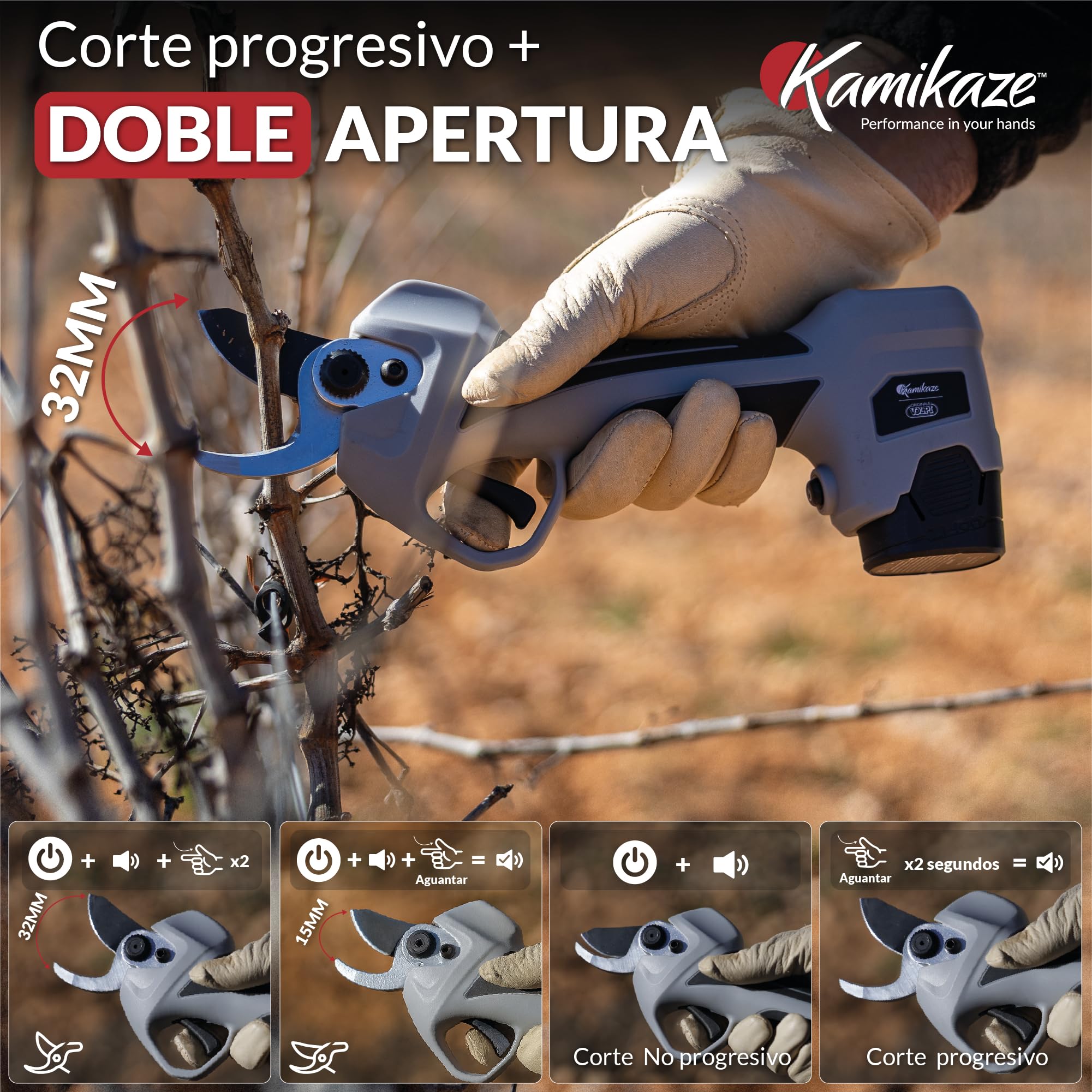KAMIKAZE KV362 Tijera de podar eléctrica profesional. Podadora eléctrica. Tijeras batería de 14,4V. Sin cable. 35mm Ø. Tijera profesional. Incluye maletín. Indicador de carga y cortes.