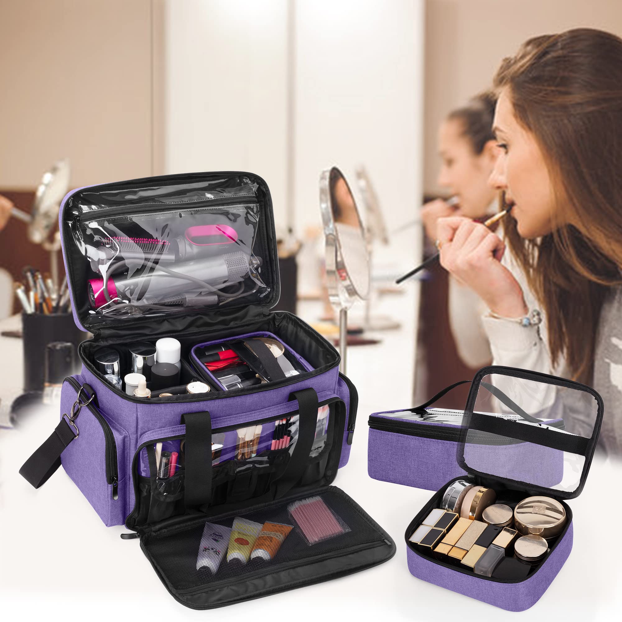 BAFASO Make up Organizer Tasche, Kosmetiktasche für Frauen, Kulturtasche Damen Groß, Tragetasche für Kosmetika und Make up, (Patent angemeldet), Lila | Mit 2 abnehmbaren Taschen und Trennwänden zur Aufbewahrung von Make-up und Haaraccessoires (zum Patent