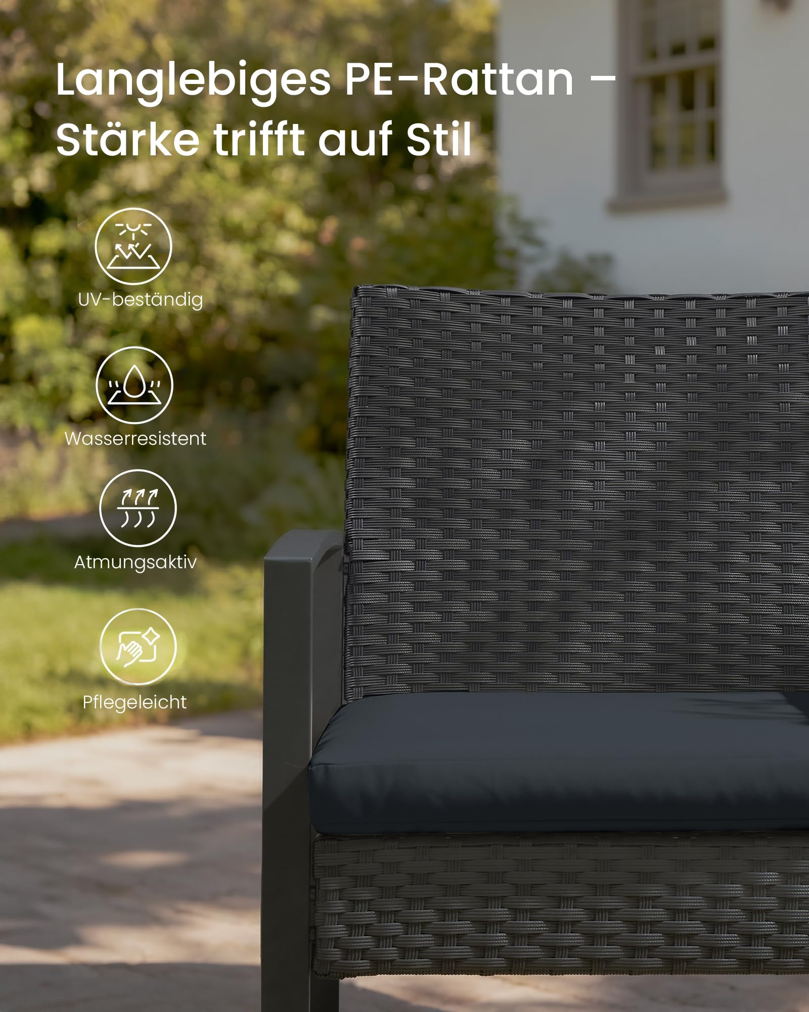 SONGMICS Balkonmöbel, Gartenmöbel-Set, aus PE-Polyrattan, Lounge-Set, Tisch und 2 Stühle, Terrassenmöbel, einfache Montage, Outdoor, für Terrasse, Balkon, Garten, schwarz GGF010B05