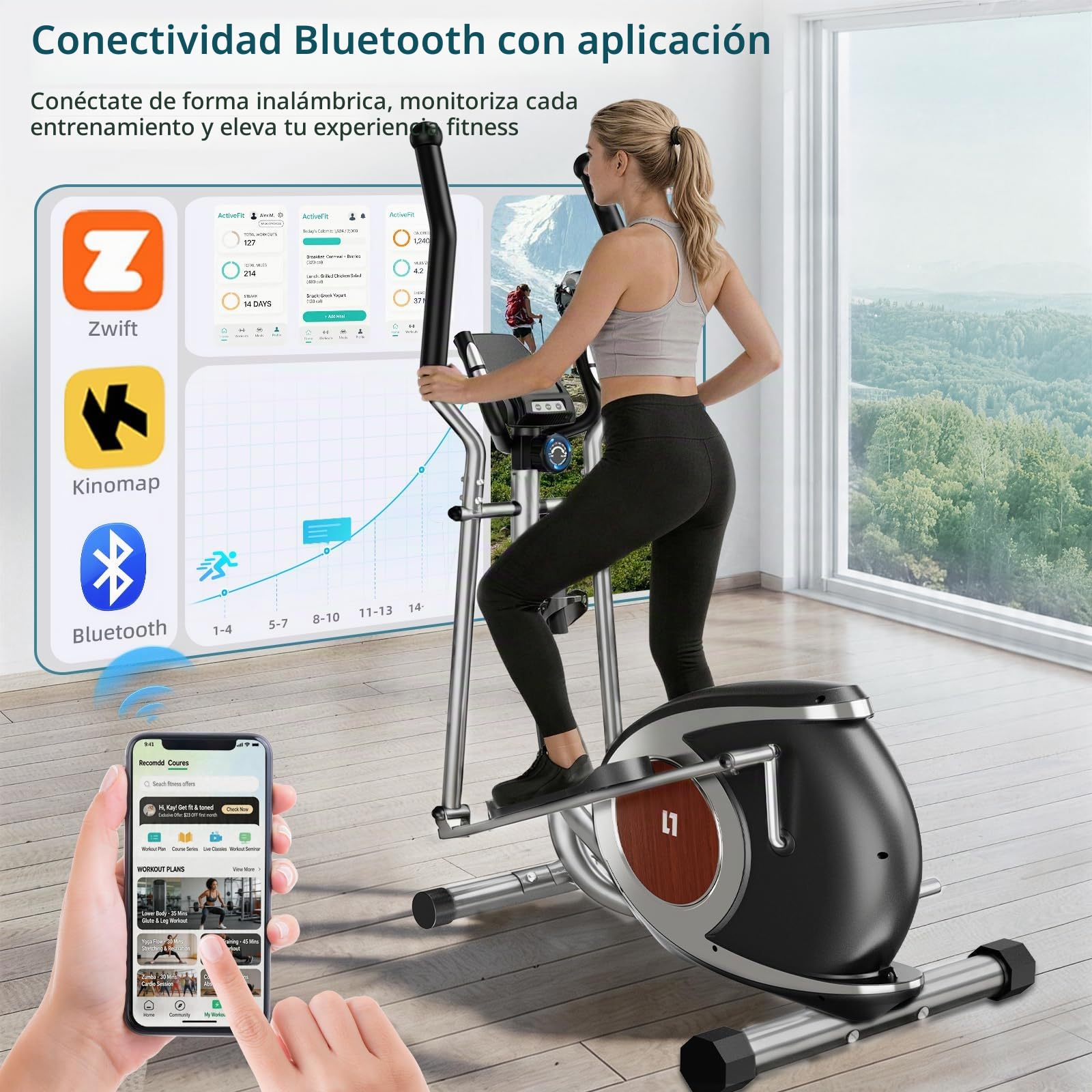 Elípticas Fitness Casa, Bicicleta Elíptica con 16 Niveles de Resistencia Magnética, Pantalla LCD con Bluetooth y Ruedas de Transporte, Equipo de Entrenamiento para Todo el Cuerpo