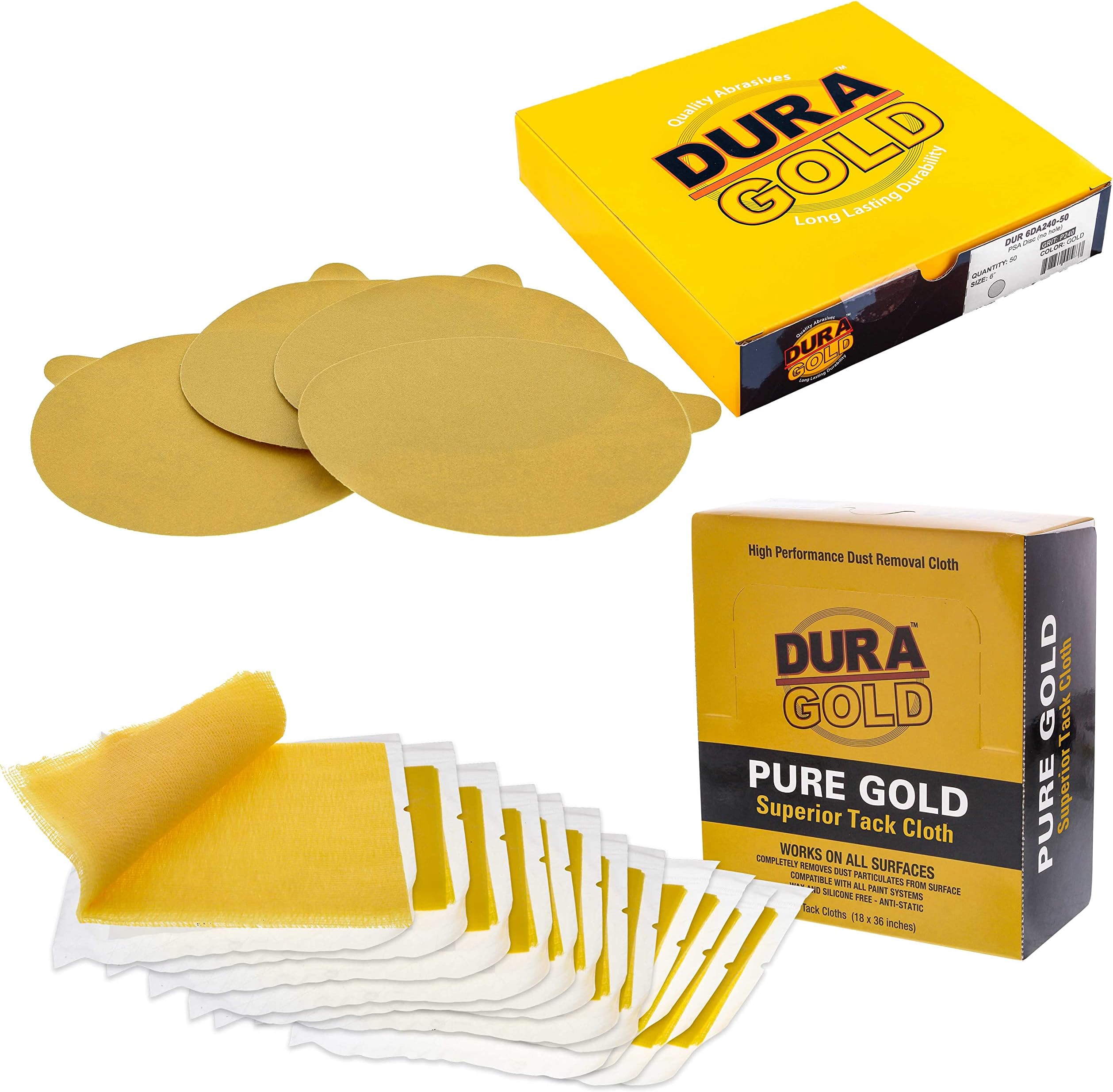 Premium 6" Gold PSA Sanding Discs - 240 Grit (Box of 50) & Dura-Gold - Pure Gold Superior Tack Cloths - Tack Rags (Box of 12)