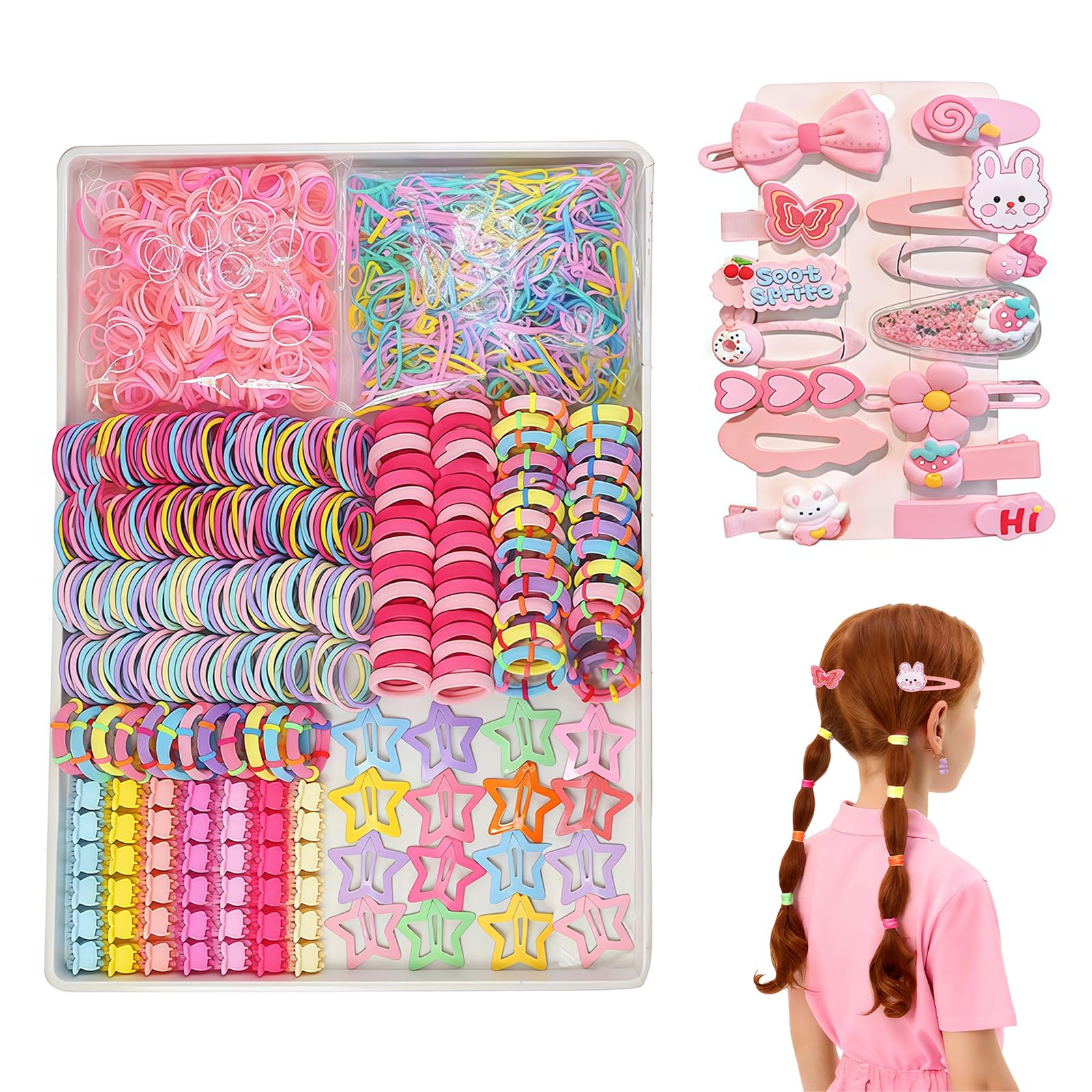 Vesavifaka Girls Hair Rubber Bands Colorful Elastic Hair Ties Hair Bobbles Set Toddler Hair Accessories for Girls with Cute Hair Clips and Box