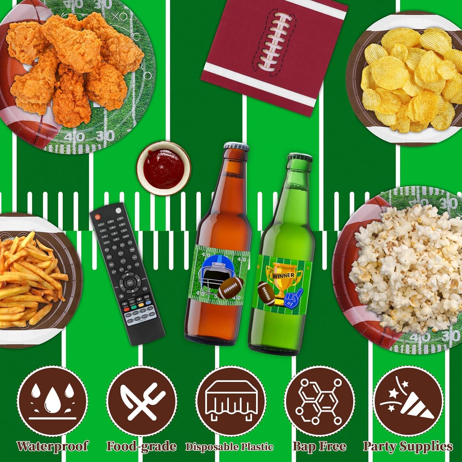 SelfTek Football Party Supplies Kit Serve 24, Football Plates and Napkins, Touchdown Tablecloth, Banner, Cups Sticker, Football Birthday Party Decorations for Gameday Tailgate Party - Image 2