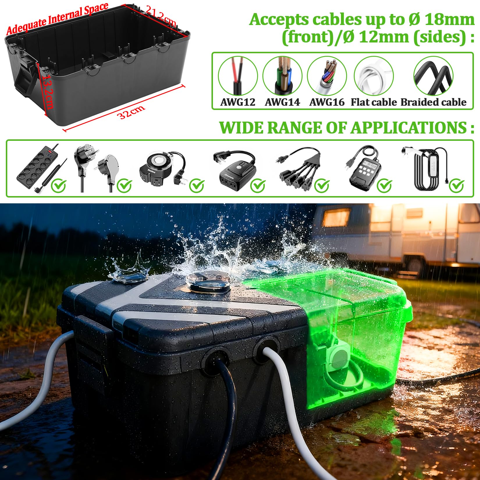 große Kabelbox Wasserdicht IP54 Outdoor Wasserdichte Verteilerdose für Wand/Boden mit 7 Kabeleingängen | Schutzbox für Steckdosenleisten, Verlängerungskabel und Stecker