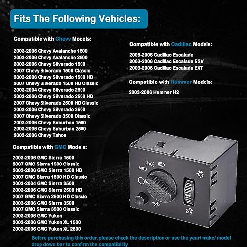 Miniatura 2 de Interruptor de atenuación de faros delanteros para Chevy Silverado Suburban Tahoe Avalanche GMC Sierra Yukon Cadillac Escalade 2003-2007, 19381535,