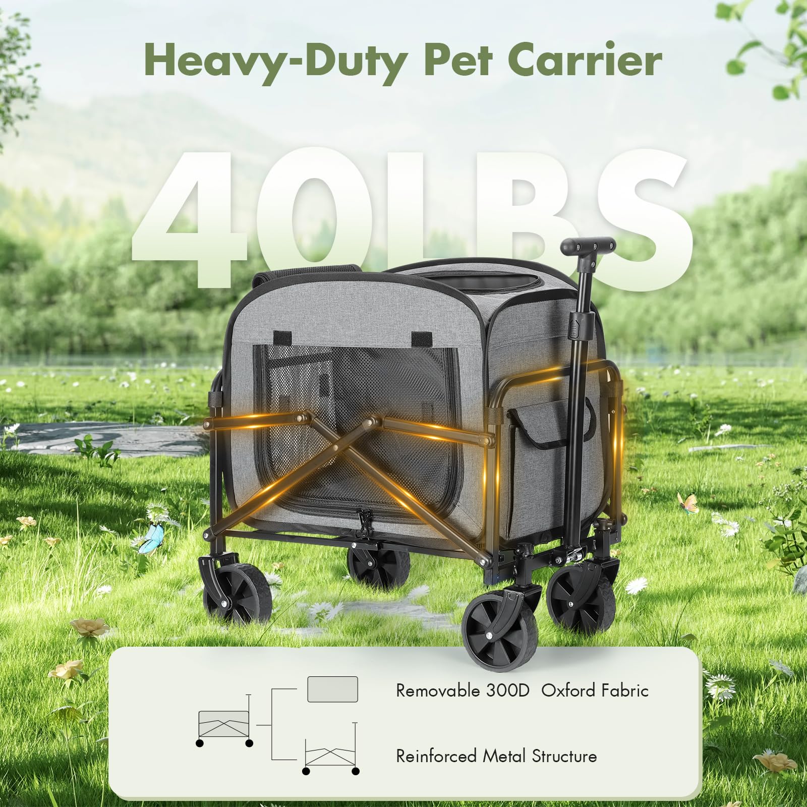 Transportador de perros con ruedas, carrito grande para perros y gatos, 18 kg, carro para mascotas con ruedas grandes todo terreno (gris)