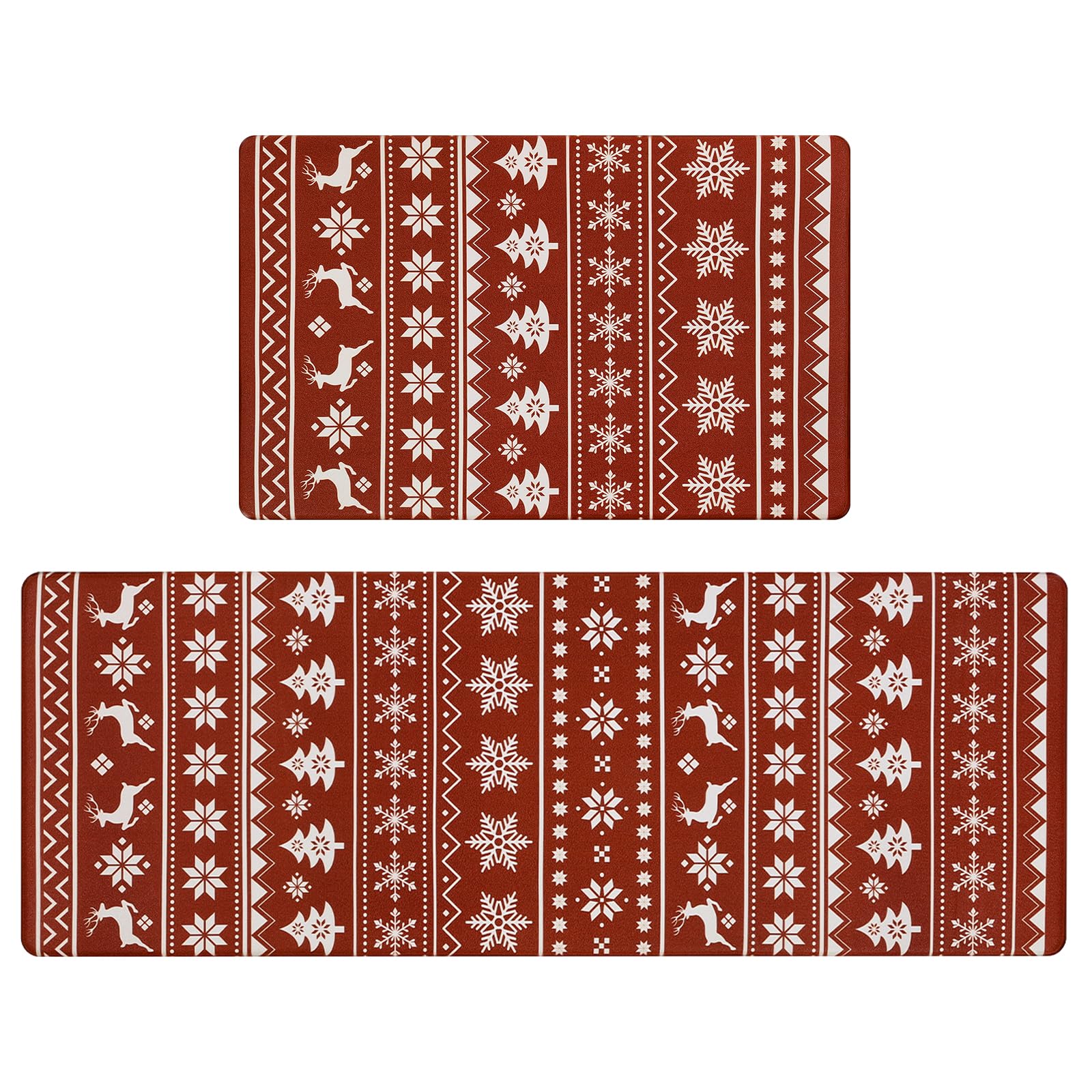 SHACOS Christmas Kitchen Rugs Set of 2 Anti-Fatigue Kitchen Mats Cushioned Dark Red Mats White Deer Snowflakes Christmas Trees Boho Style Kitchen Mats and Rugs for Xmas 17x27.5+17x47, Boho Dark Red