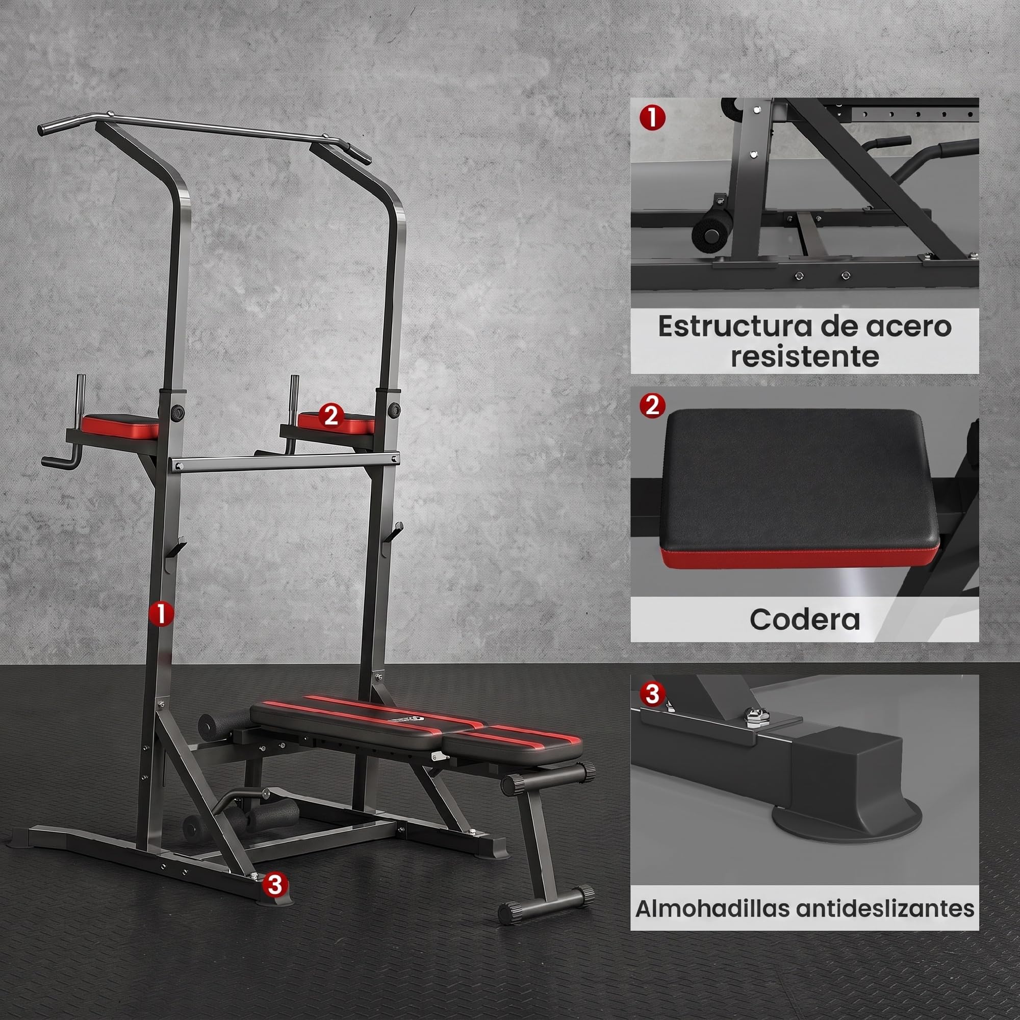 HOMCOM Estación de Musculación con Banco Plegable Altura Ajustable Rojo