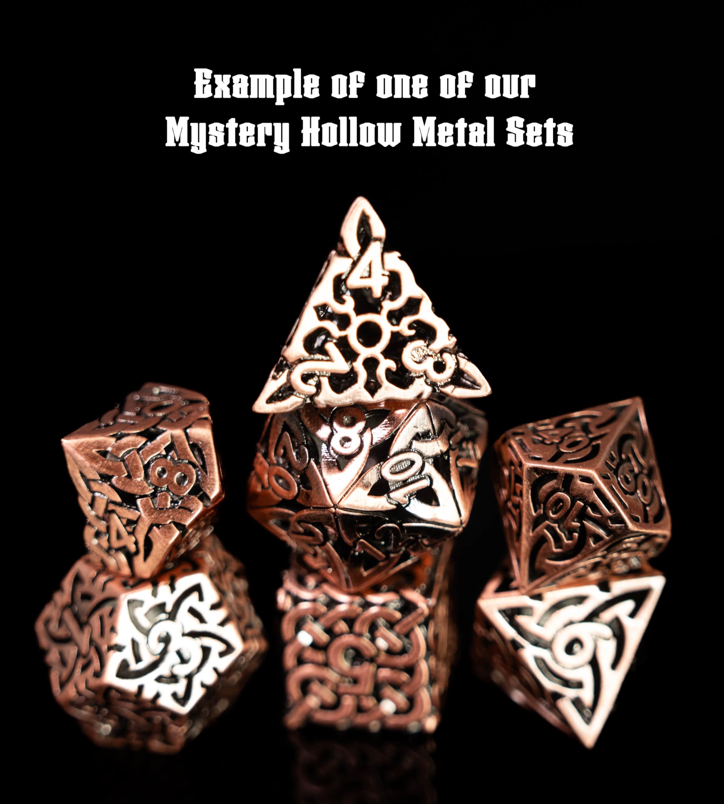 Sac à dés mystère | Lot de 7 dés polyédriques de jeu | Un ensemble choisi au hasard | RPG, DND, etc. (Ensemble métallique creux mystère)