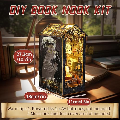 Miniatura 10 de Kit de rincón de libros, rompecabezas 3D en miniatura de MOJINO DIY con sujetalibros de madera, casa de muñecas con luces LED para decoración de