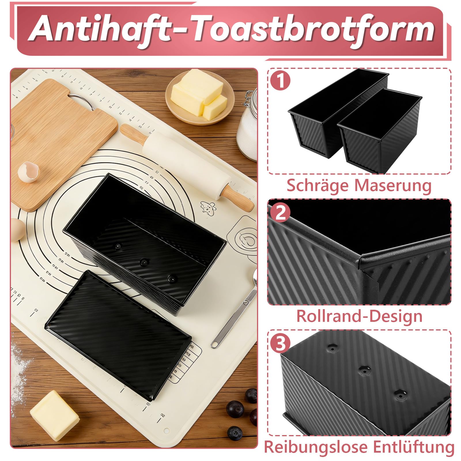 2 moldes para pan con tapa, 31,8 x 12 x 11,43 cm, con tapa, 21,6 x 12 x 11 cm, molde para pan tostado negro con orificios de ventilación, molde para pan, moldes antiadherentes para pan y