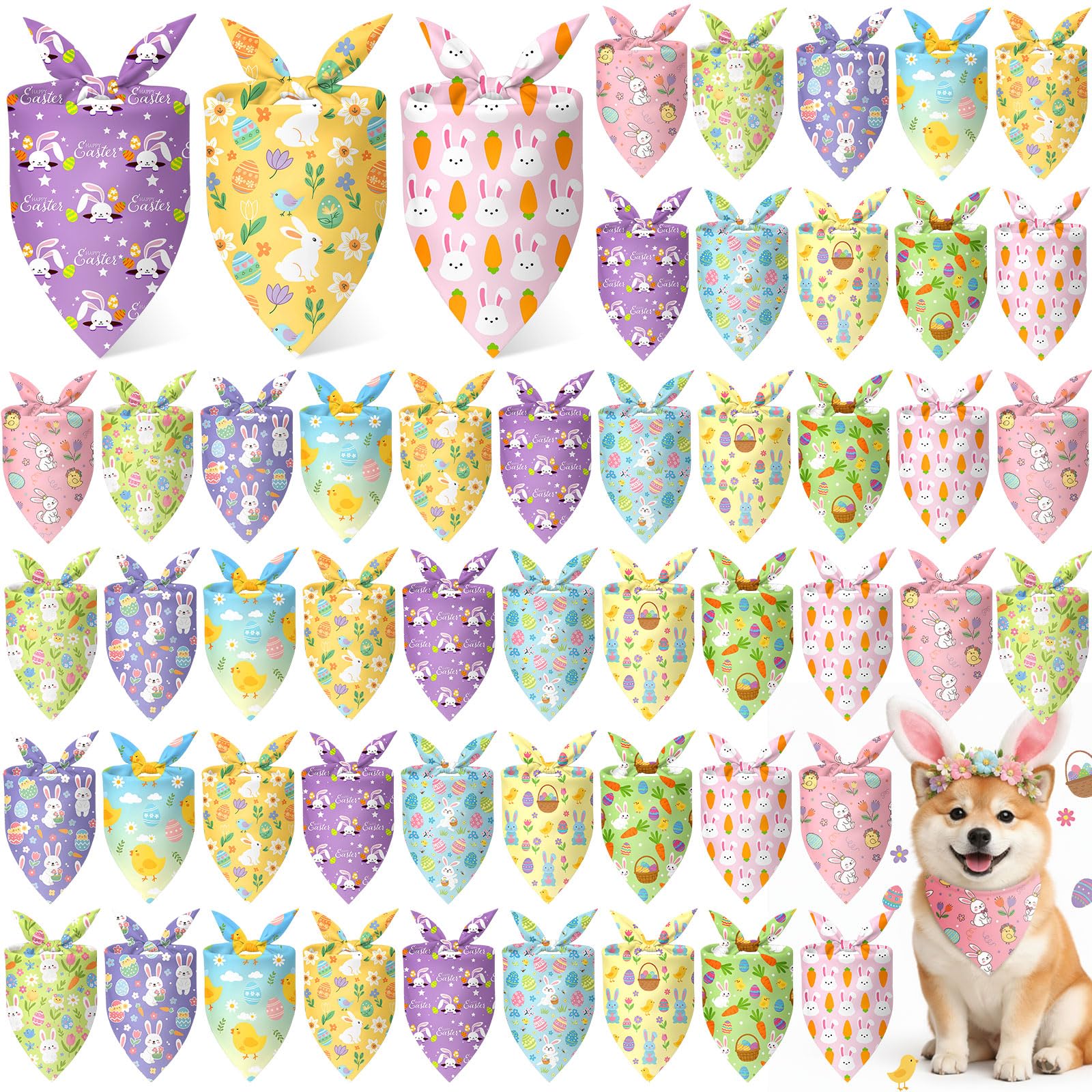 Weewooday 50 Pcs Easter Dog Bandanas Bulk with Bunny Rabbit Egg Carrot Pattern Soft Bibs Adjustable Triangle Pet Scarf Bowtie for Small Medium Large Costume Grooming(25.6 x 17.7 x 17.7 Inch) — image 1