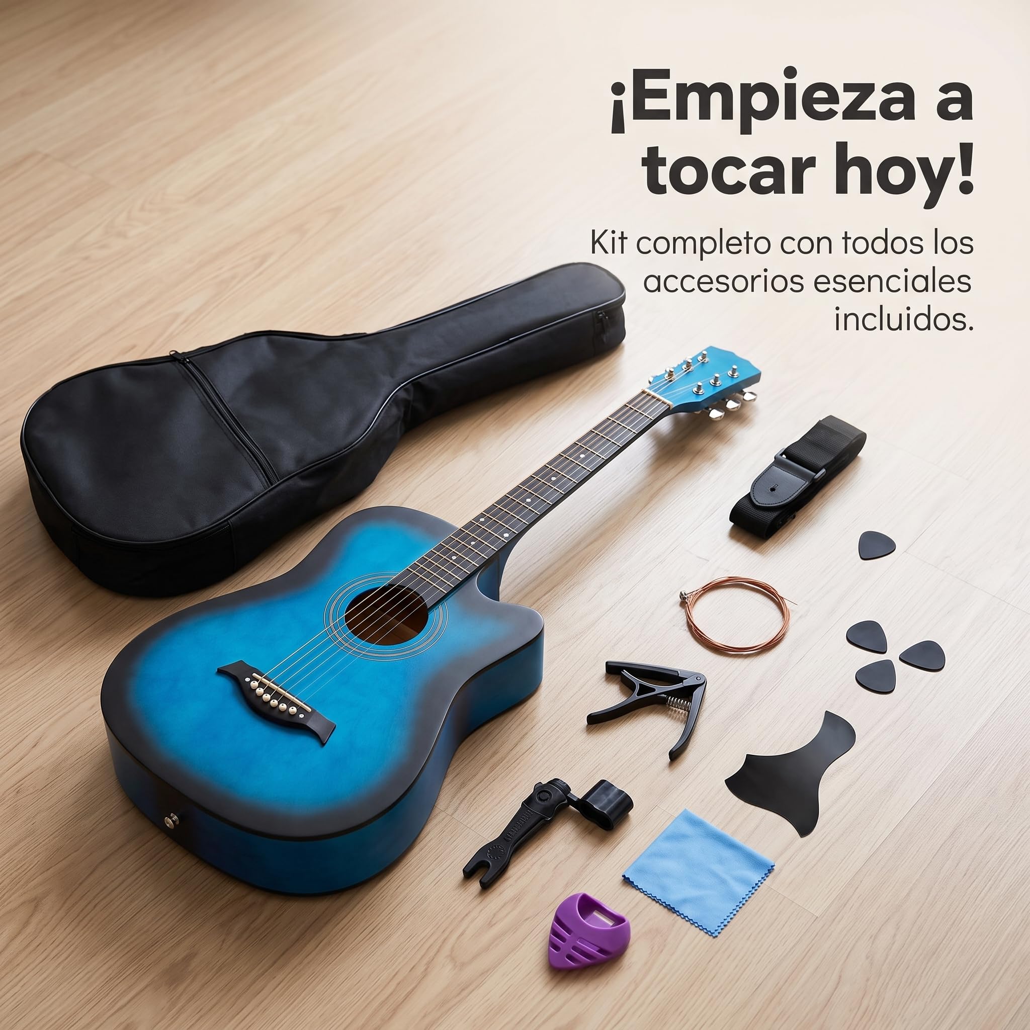 predolo Guitarra Acústica Folk Notchada + Guitarra Guitarra de Seis Cuerdas + Instrumento de Cuerda + Kit Completo con Funda, Guitarra acústica de 38 pulgadas, color azul frotado, con accesorios