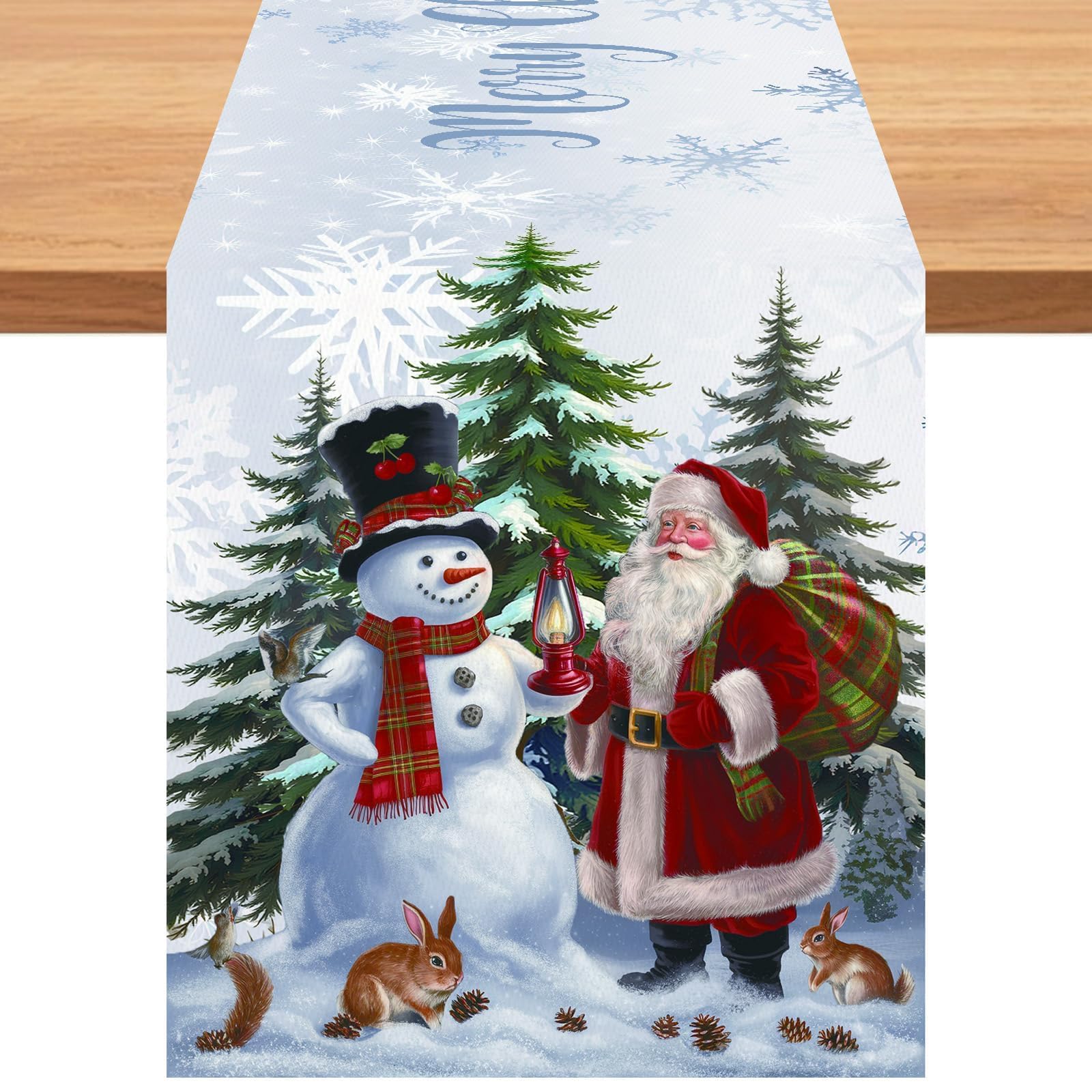 Froova Snow Christmas Table Runner, 13x72 Inch White Santa Claus & Snowman Forest Xmas Table Runner