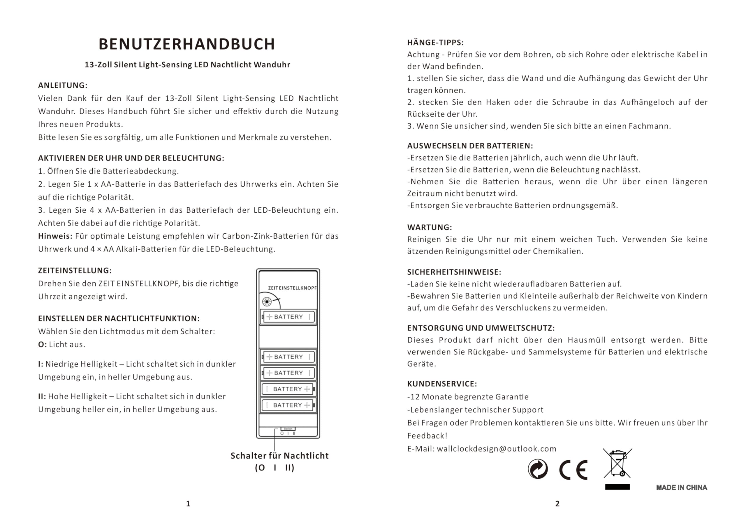 Nachtlicht Wanduhr 33cm lautlos, automatische Dimmung & beleuchtet