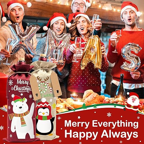 Miniatura 7 de 12 bolsas de vino de arpillera, bolsas de regalo de vino de Navidad para botellas de vino, bolsas de botellas de vino de Navidad con cordón, bolsas
