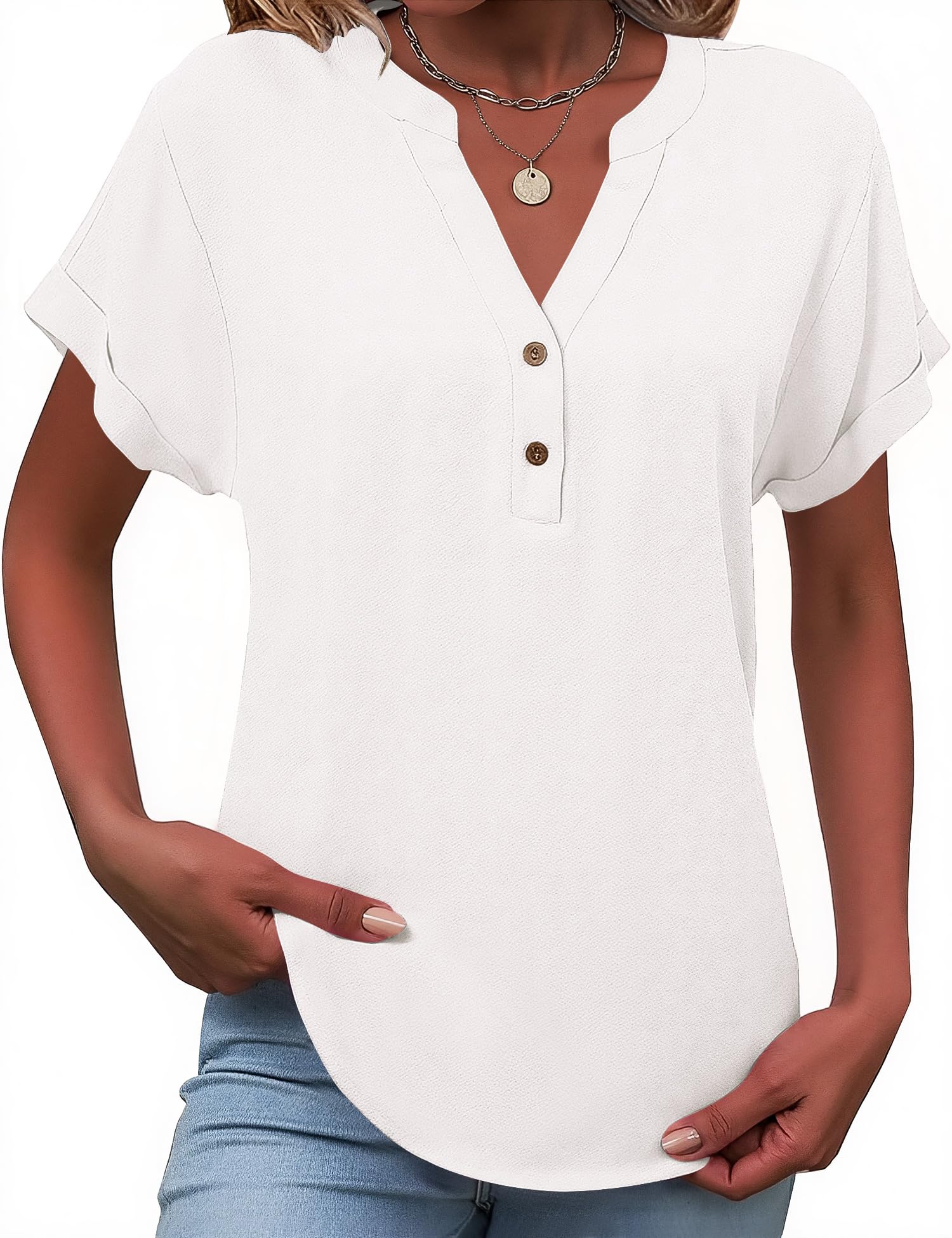 Tisfeer Leinenbluse Damen Sommer Kurzarm Bluse Baumwolle Leinen V-Ausschnitt mit Knopfleiste Locker Lässig Tunika Einfarbig