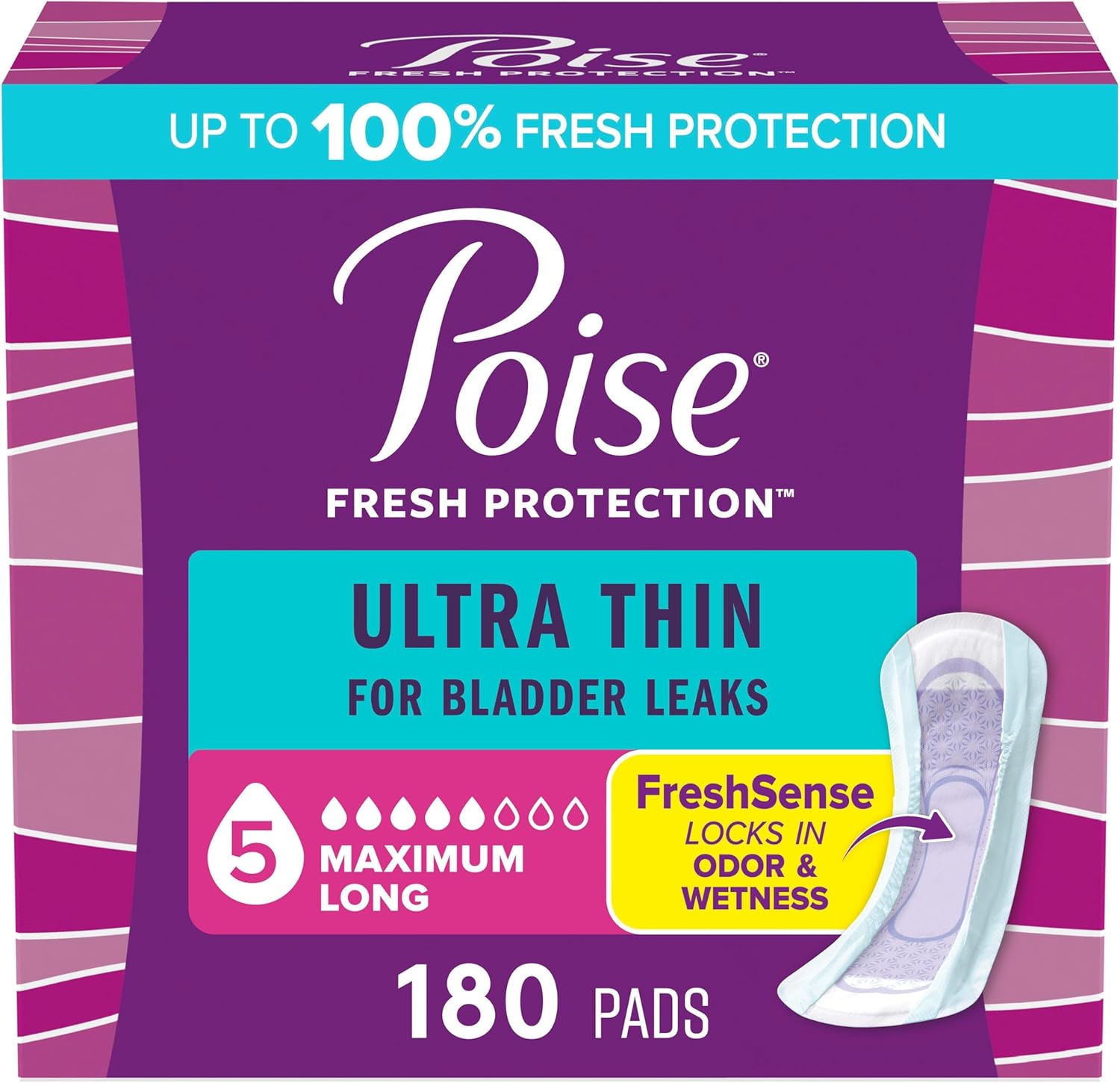 Poise Ultra Thin Incontinence Pads & Postpartum Pads for Bladder Leaks, 5 Drop Maximum Absorbency, Long Length, 180 Count, Packaging May Vary