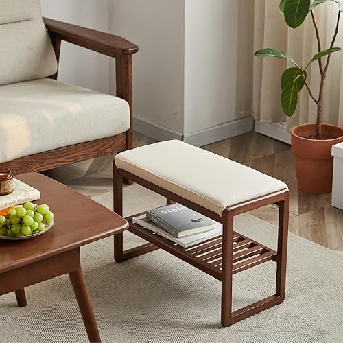 Miniatura 4 de Banco de zapatos de madera, banco de almacenamiento de 2 niveles con asiento acolchado acolchado, banco de entrada con almacenamiento de zapatos,