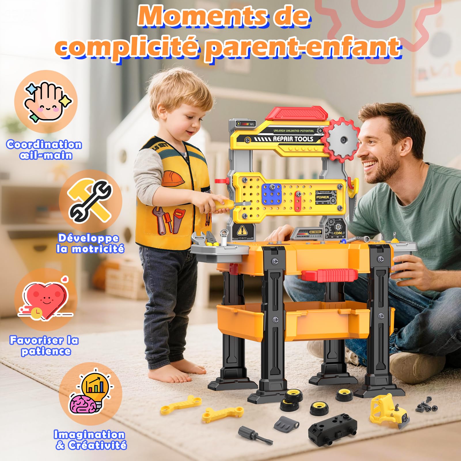 Jouet Garçon 3 4 5 Ans: Établi d'Outils Enfants avec Perceuse Électrique Réaliste, Véhicules de Construction à Démontrer & Costume, Jouets STEM 3-5 Ans, Cadeau d'anniversaire pour Filles et Garçons