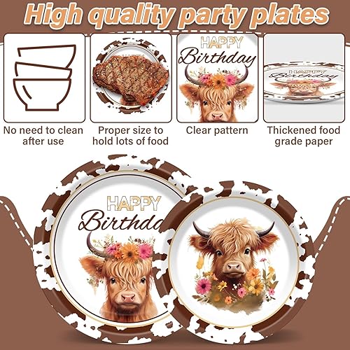Miniatura 4 de 96 piezas de suministros de fiesta de vaca de las tierras altas para 24 invitados, platos de vajilla de vaca marrón, servilletas de ganado de las