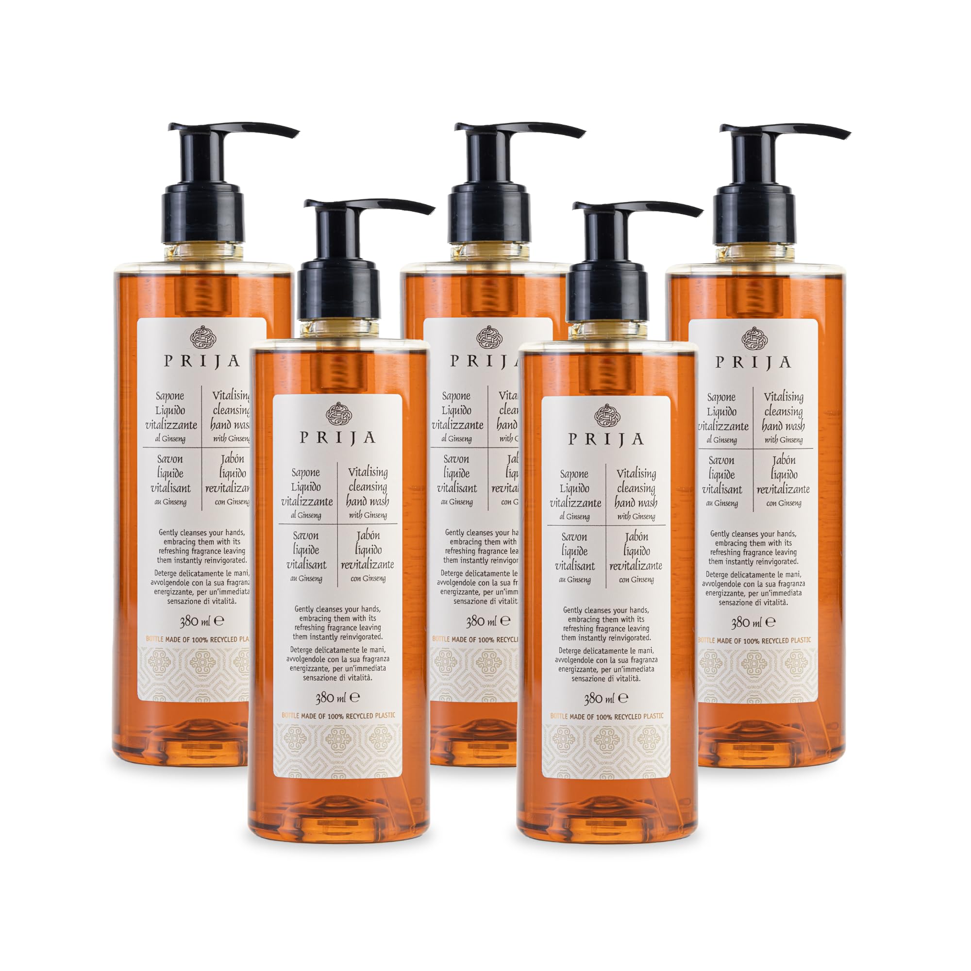 Prija Gel Lavamanos Vitalizante con Extracto de Ginseng, Limpia Suavemente las Manos, Jabón Líquido Hidratante para Manos, Vegano con Fragancia Energizante 5 x 380ml