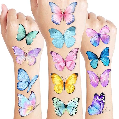 Miniatura 1 de 8 hojas (96 piezas) tatuajes temporales de mariposas temáticas de mariposas decoraciones de fiesta de cumpleaños, suministros de regalos para