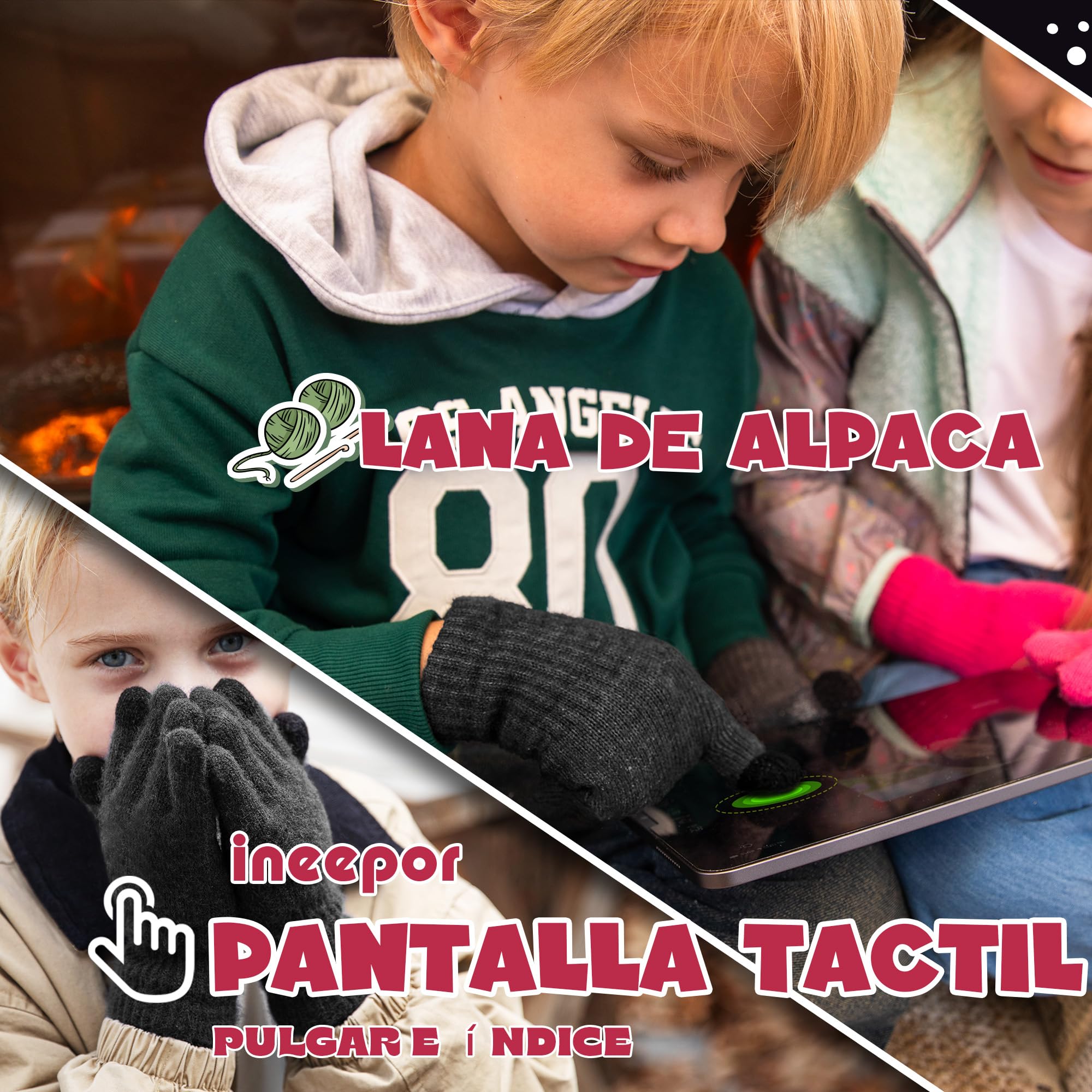 Guantes Termicos Niño Alpaca Forro Polar Invierno Doble Capa Cortaviento Punta Tactil 3-12 Anos