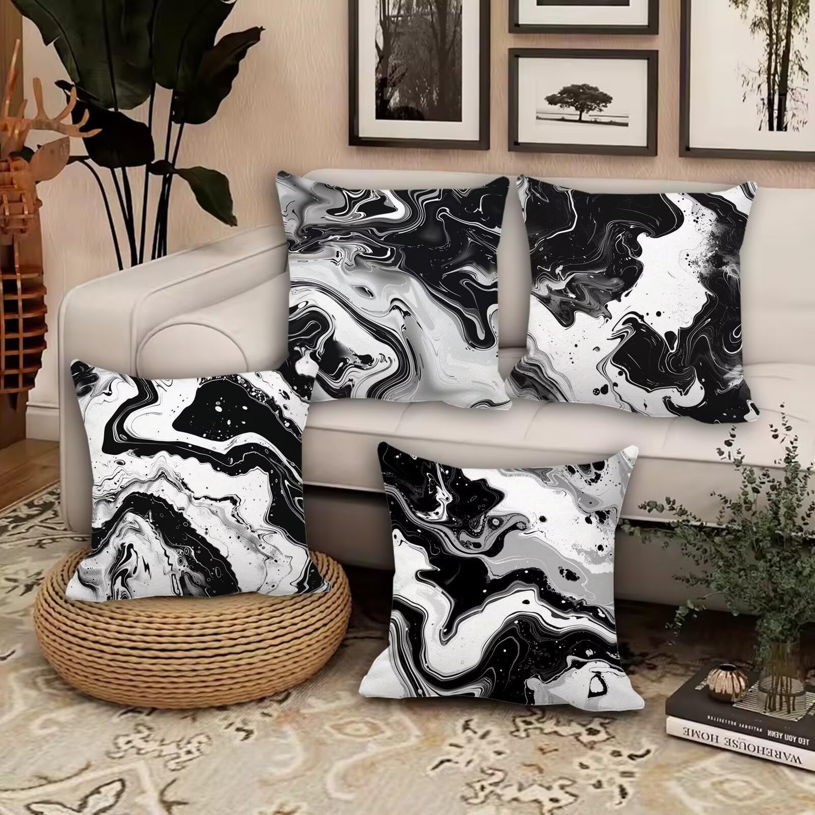 Juego de 4 cojines impermeables para exteriores, 40 x 40 pulgadas, fundas de almohada de mármol de doble cara para patio, jardín, sofá, sala de estar, decoración de verano y elegante