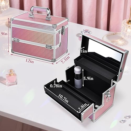 Miniatura 6 de Joligrace Estuche de maquillaje de 12 pulgadas, organizador de caja de maquillaje grande, estuche de maquillaje con espejo, estuche de viaje para