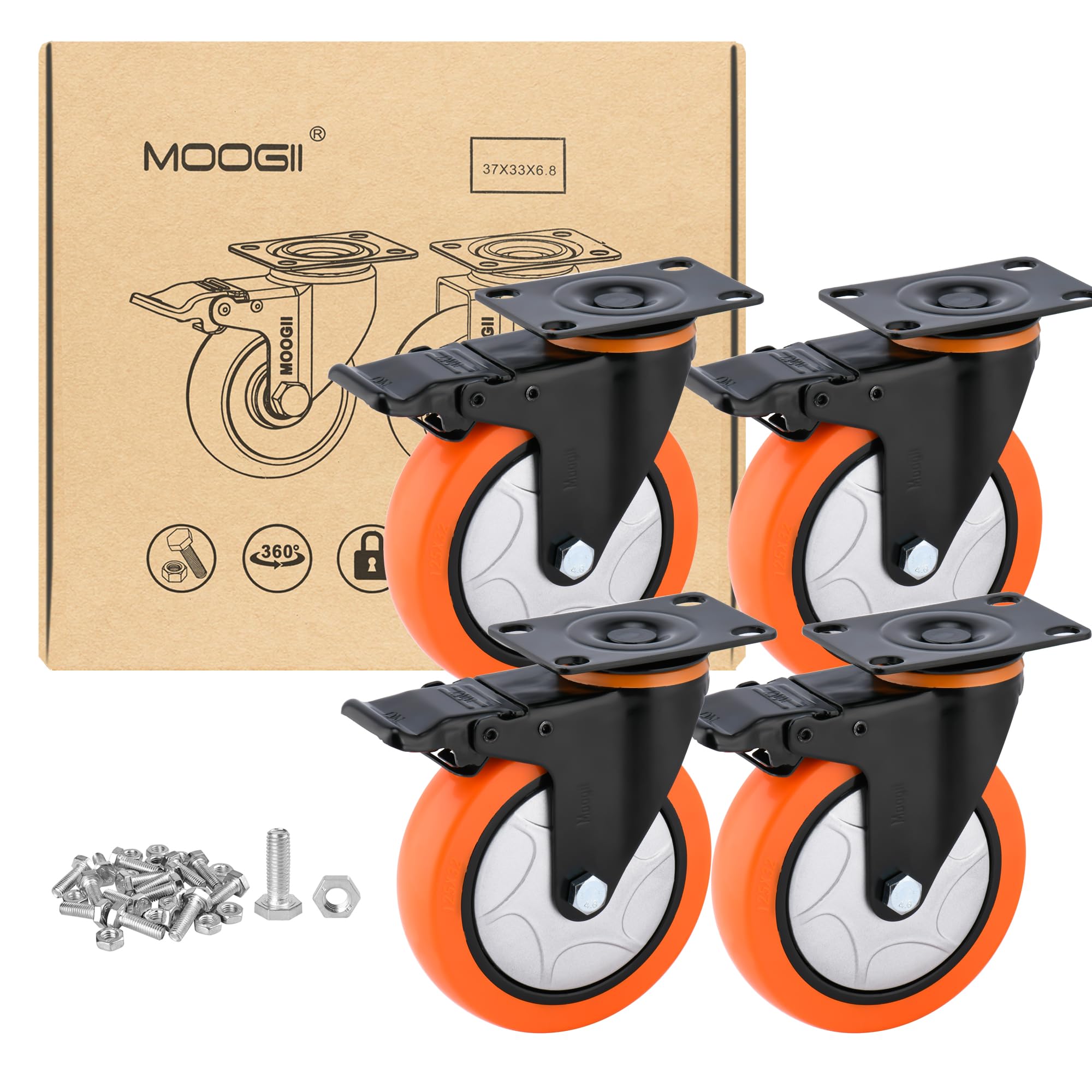 Moogiitools Set di 4 Ruote per Mobili 4 ruote girevoli mobili con freno,Rotelle per Mobili Silenziose Girevoli a 360°, Rotelle con Freno per Banco da Lavoro (127mm-Portata Max 1000KG)