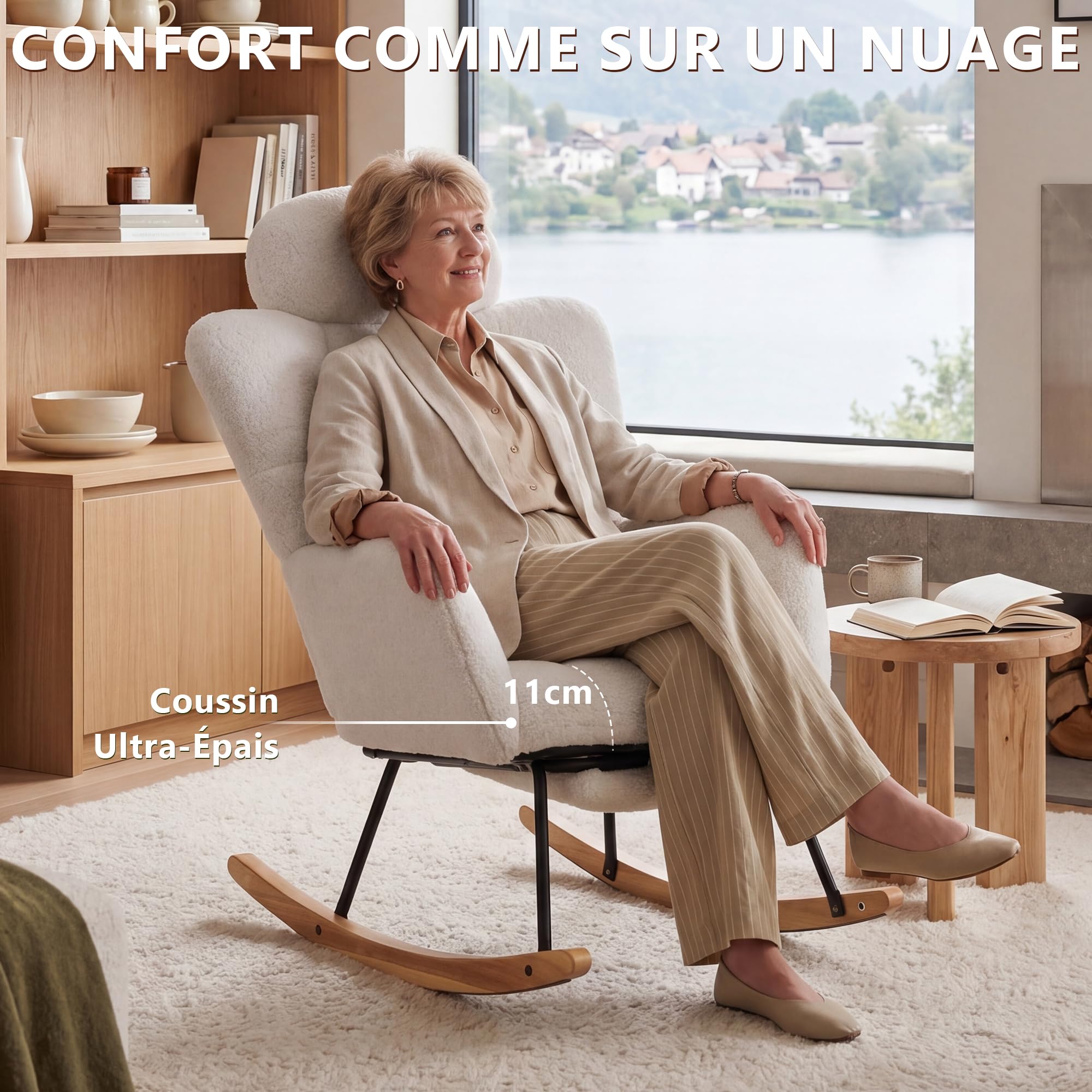 DEKKETO Fauteuil à Bascule - Rocking Chair avec Appui-tête & Repose-Pieds, Fauteuil Relax Scandinave en Tissu Bouclette, pour Salon, Allaitement, Chambre, Pieds en Bois Massif, Blanc