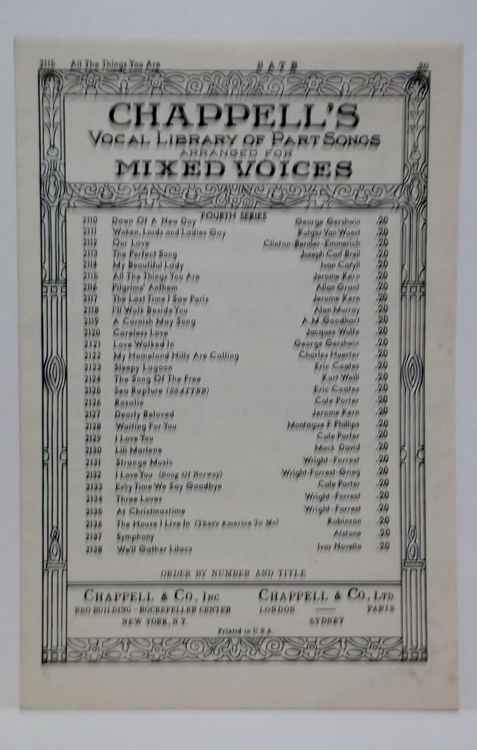 All the Things You Are Chappell's Vocal Library of Part Songs Arranged