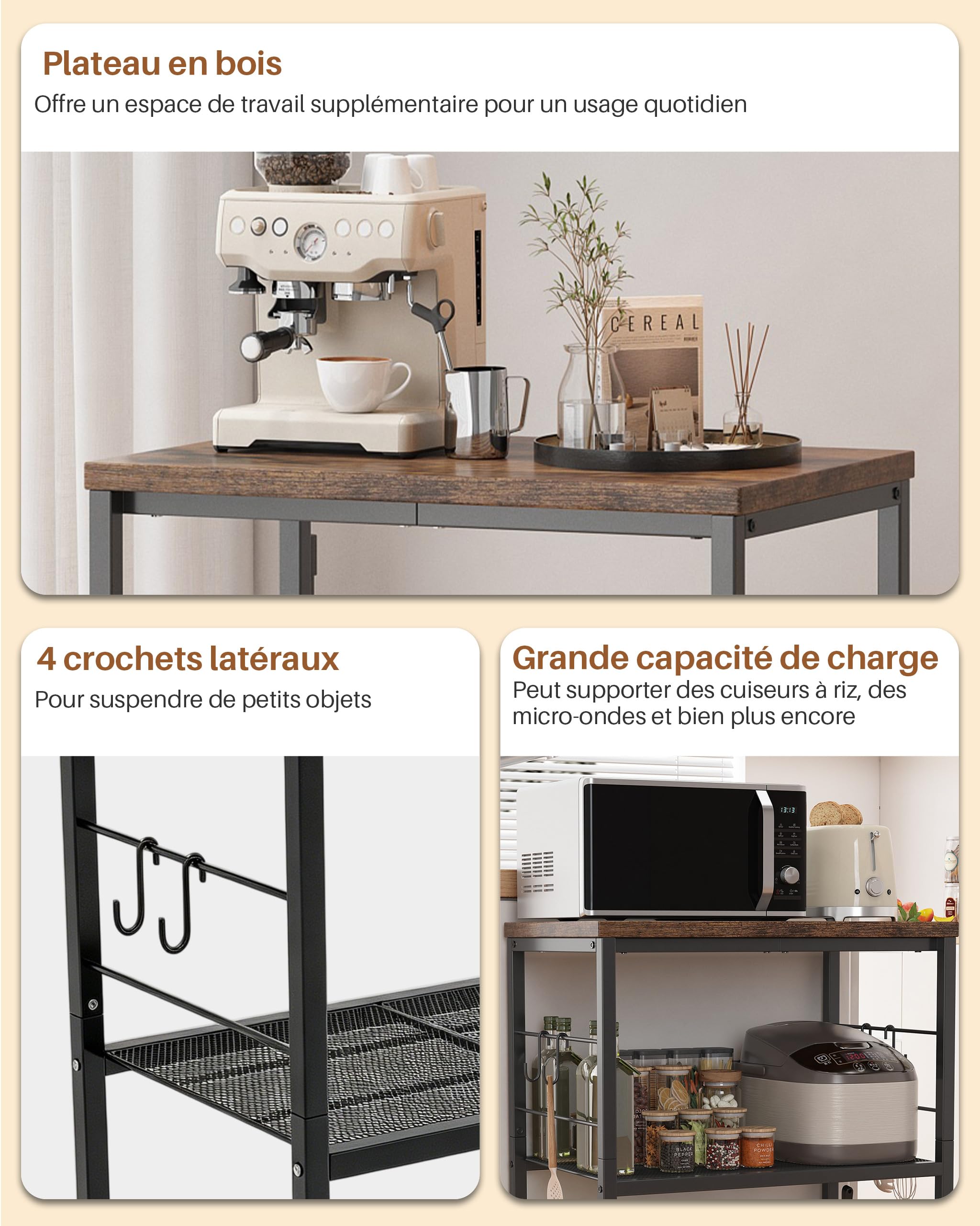 Desserte de Cuisine à roulettes, 3 Niveaux