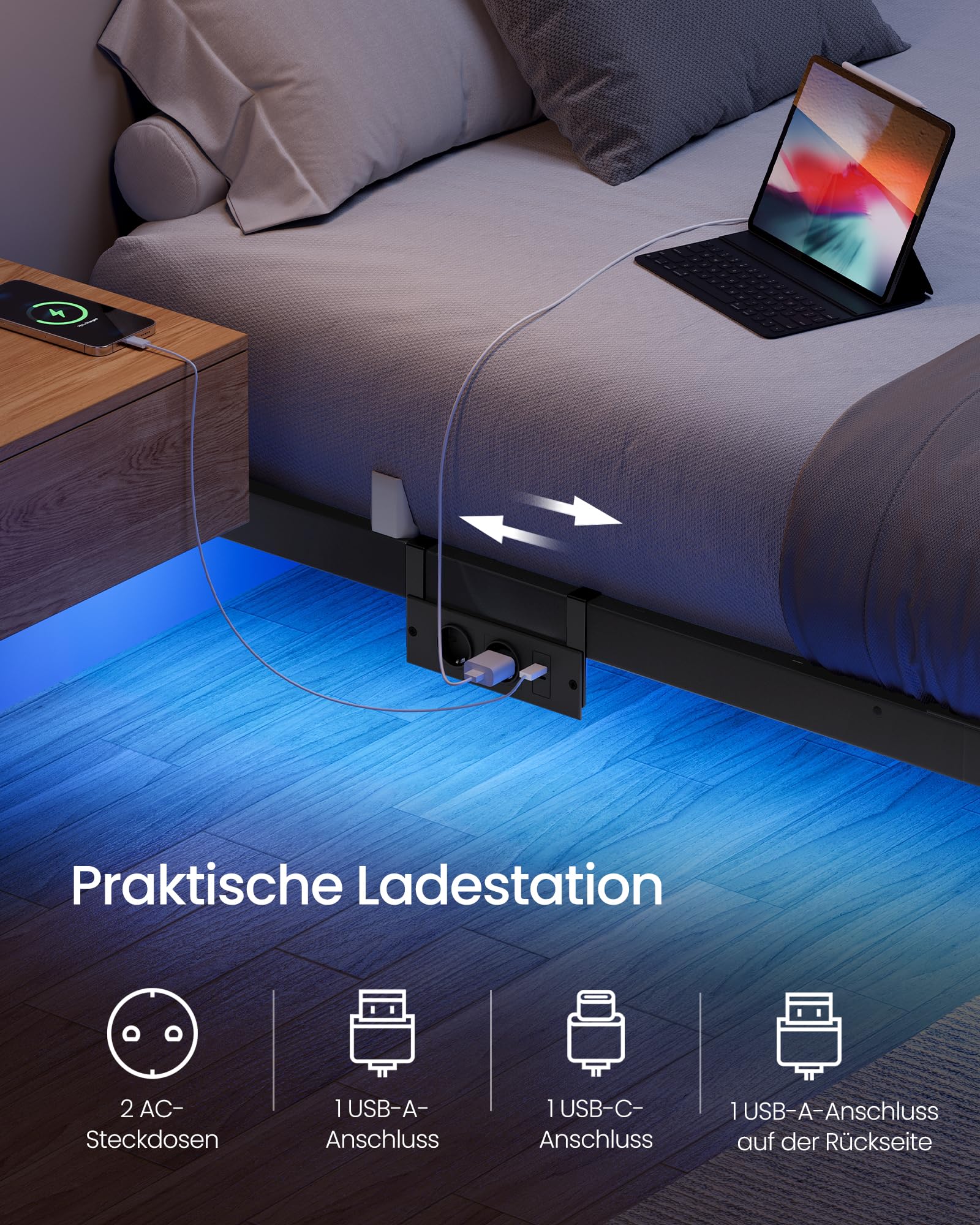VASAGLE Bettgestell 140 x 200 cm, schwebender Effekt, LED-Beleuchtung, abnehmbare Steckdosenleiste, 2 AC-Steckdosen, 1 USB-C-Anschluss, 2 USB-A-Anschlüsse, trägt bis 500 kg, tintenschwarz RMB174B101