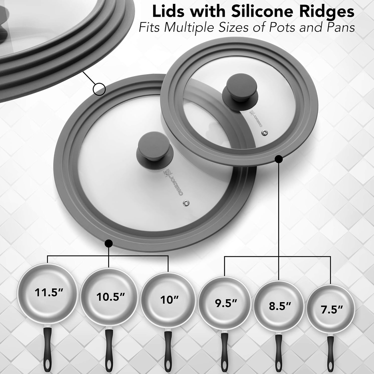 LORESO Silicone Glass Lid Grey Pack of Two - Universal Silicone Glass Lid for Pots Pans & Skillet 8 to 11 Inches, Tampered Glass Lid Steam Vent, Food Safe Silicone, Cool-Touch Handle & Dishwasher safe: Home & Kitchen