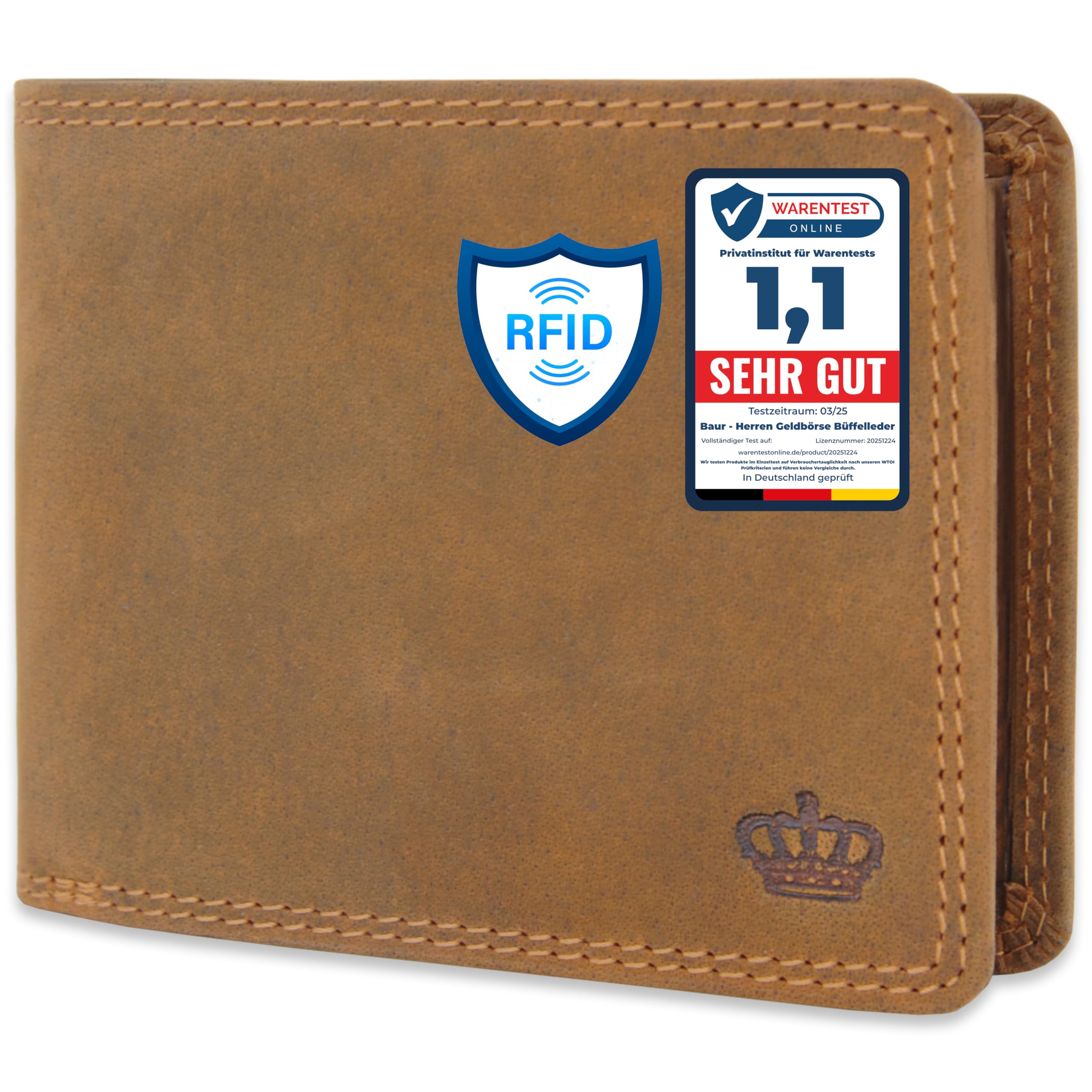 Baur męski portfel z prawdziwej skóry bawolej | z ochroną RFID | format poziomy | przegródka na monety | wiele przegródek na karty, brązowy, 12,5x9,5x2