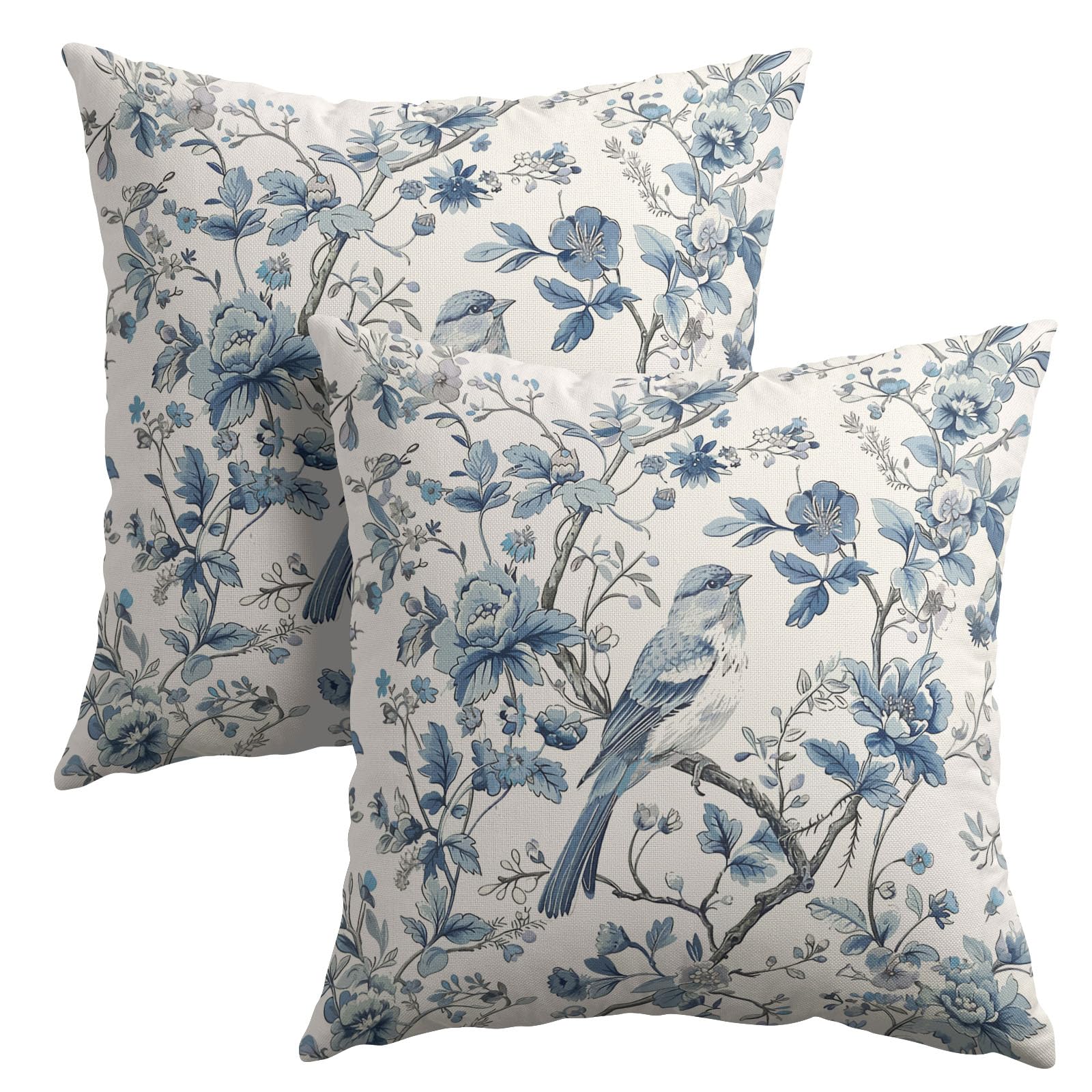 Chinoiserie Trees Pillow Covers 18x18 Inches Blue and White Outdoor Pillows Bule Birds Flowers Throw Pillow Case Set of 2 Pillow Cover Cotton Linen