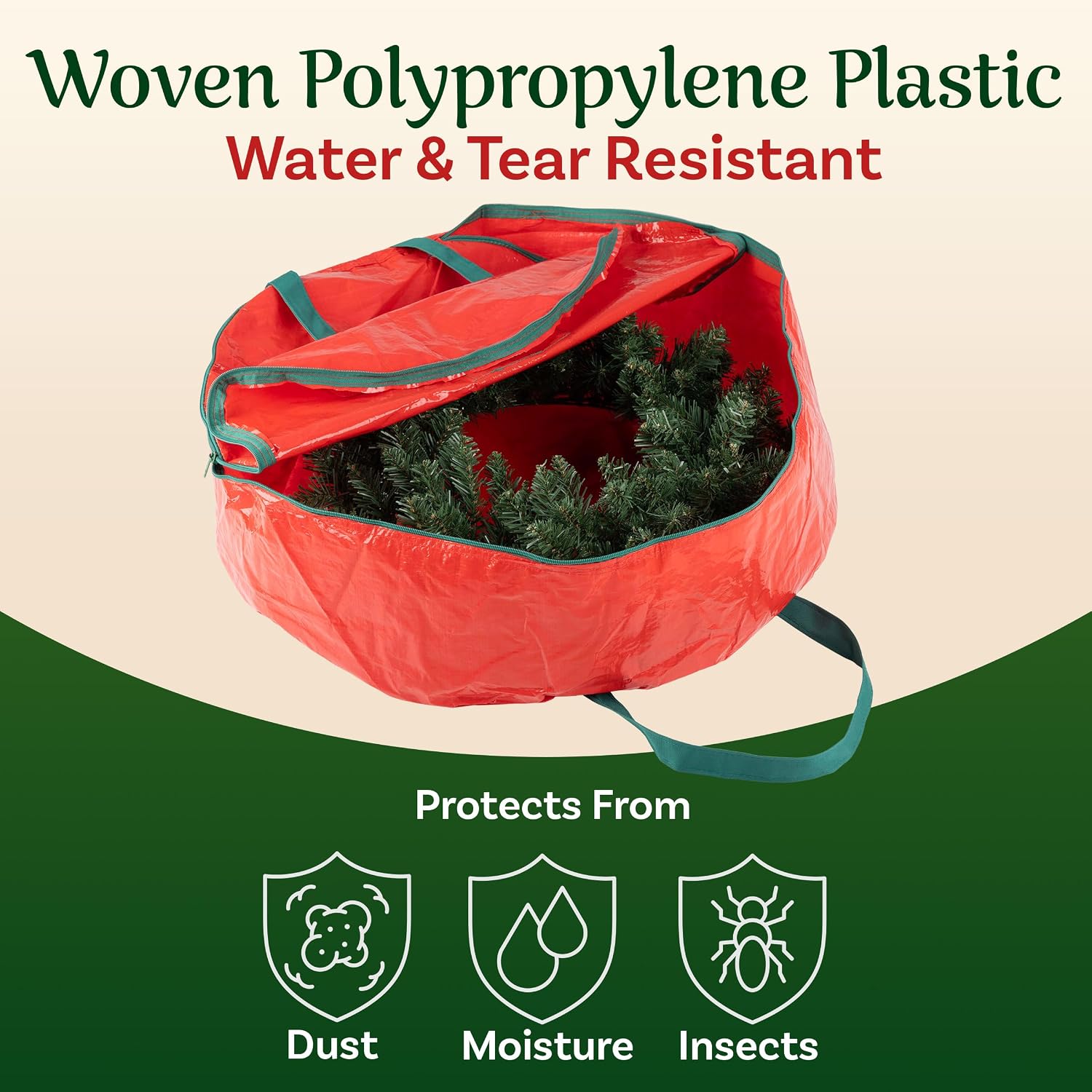 Wreath Storage Bag - 24-inch Organizer for Artificial Christmas Wreaths and Garland - Holiday Themed Tote with Green Handles by Tiny Tim Totes (Red)