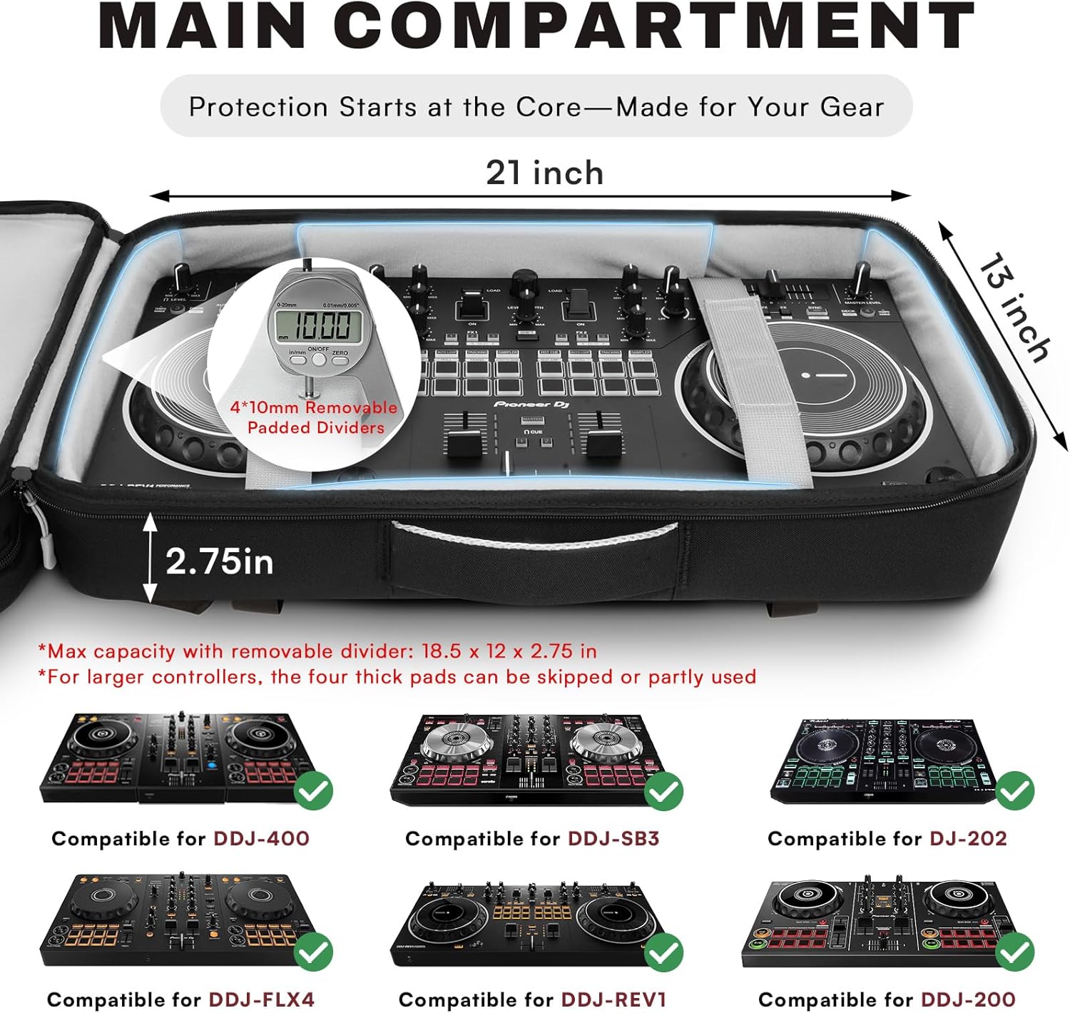 DJ Controller Bag for DDJ-FLX4/DDJ 200/DDJ 400/DDJ REV1, Padded DJ Backpack with Multi-pocket for 17 Inch Laptop, Cables, DJ Carrying Mixer Case with Adjustable Strap for DJ Equipment, Grey - Image 3