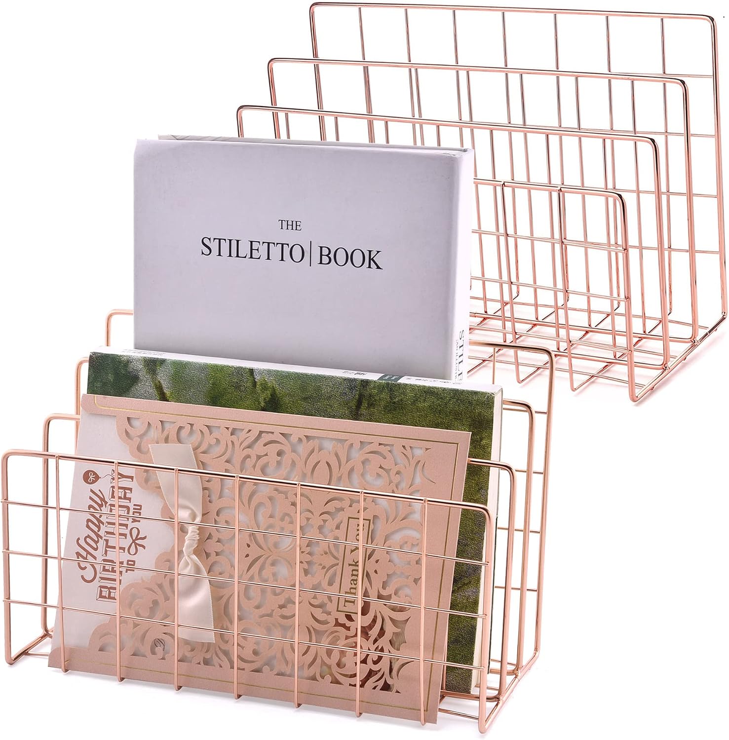Febou 2 Pack Mail Organizer Desktop File Holder, 3 Slot Letter Sorter Magazine Holder, Wire Metal Desktop Organizer for Mails, Notes, Books, Postcards (2PC Rose Gold)