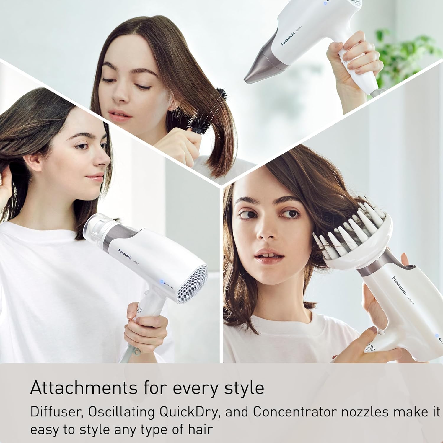 Panasonic Nanoe Salon Hair Dryer attachments: oscillating quick-dry nozzle, concentrator, and diffuser
