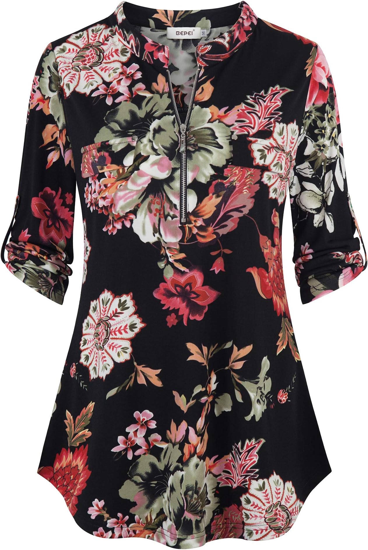 Womens Floral 3/4 Sleeve Shirts Zip up V Neck Work Chiffon Blouses Top