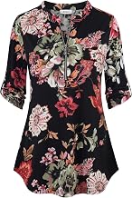 BEPEI Womens Floral 3/4 Sleeve Shirts Zip up V Neck Work Chiffon Blouses Top