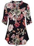 BEPEI Womens Floral 3/4 Sleeve Shirts Zip up V Neck Work Chiffon Blouses Top