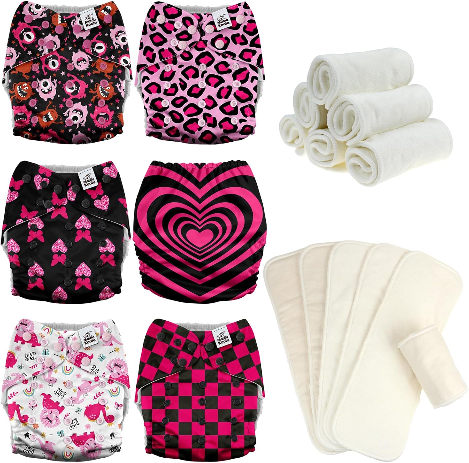 Mama Koala 3.0 Baby Cloth Diapers with 6 Inserts Bundle(Pink Love), with 6 Pack 6-Layer Bboo Hemp Cotton Inserts