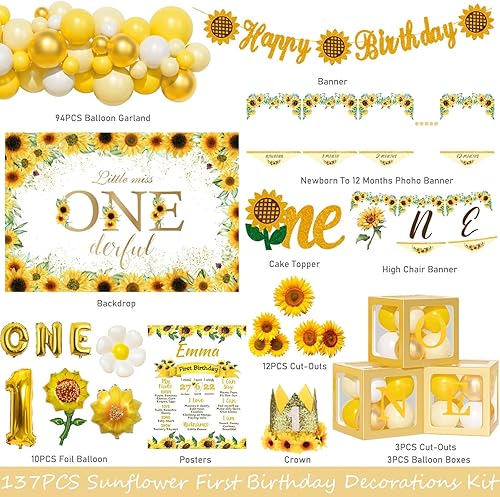 Miniatura 2 de Decoraciones de primer cumpleaños de girasol, decoraciones de primer cumpleaños para niña, suministros de fiesta de flores de un año, telón de fondo