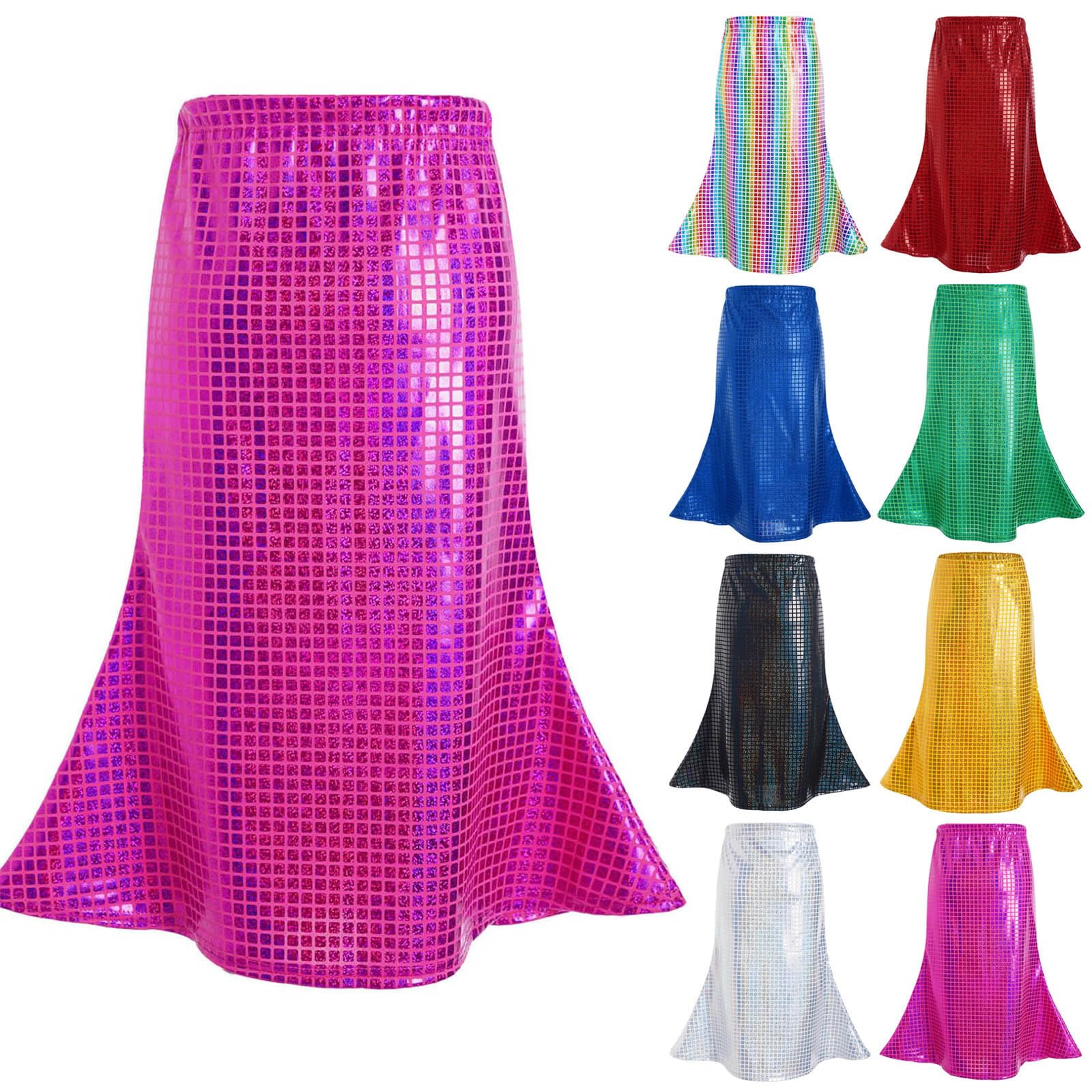 Girls Shiny Metallic Bodycon Long Skirts, 70S Party Rave Dance Costume Holographic Mermaid Skirt Shiny Trumpet Skirt Halloween Xmas Cosplay Costume Red 11-12 Years